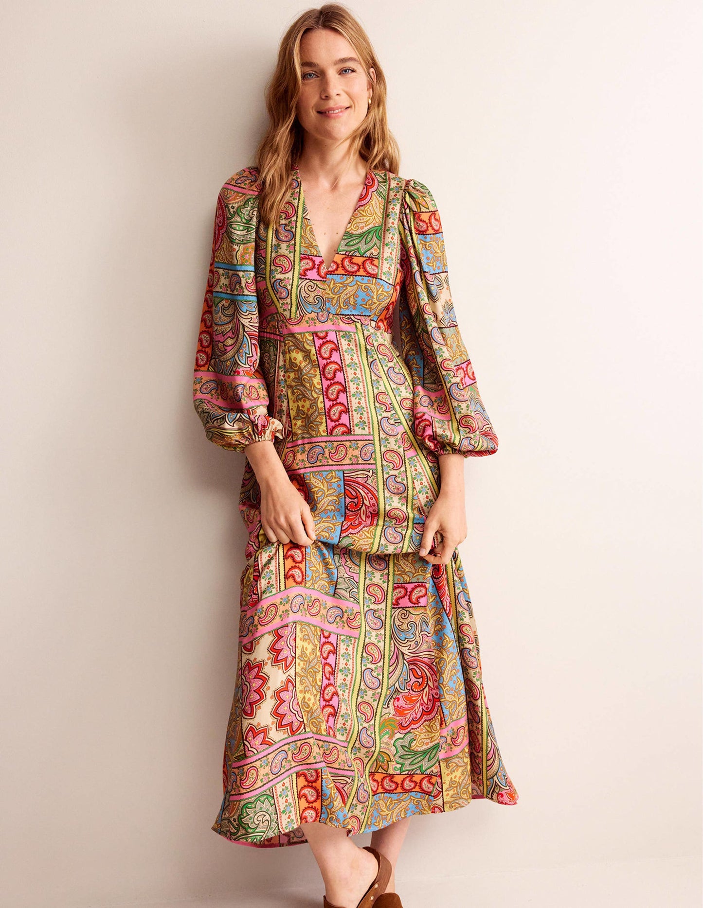 Maxi-Teekleid mit Blousonärmeln-Bunt, Patchwork