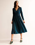 Midikleid mit Raffung und Glitzer-Grün, Marineblau Streifen