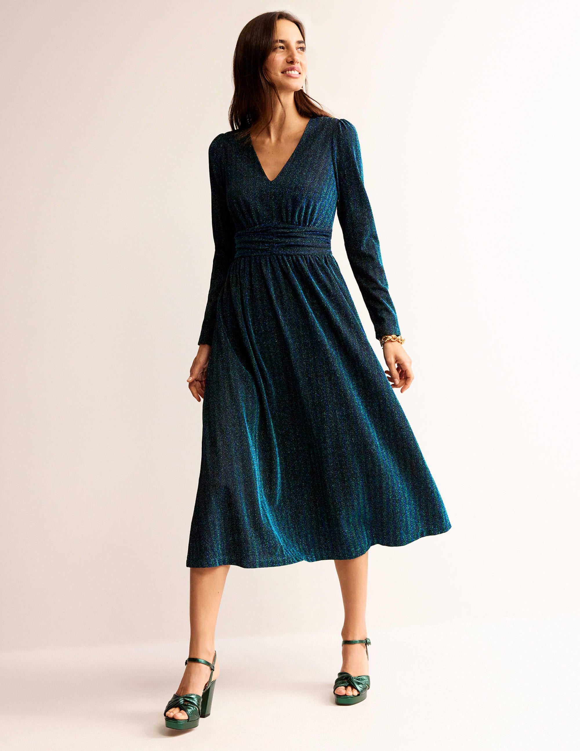Midikleid mit Raffung und Glitzer-Grün, Marineblau Streifen - Image 1
