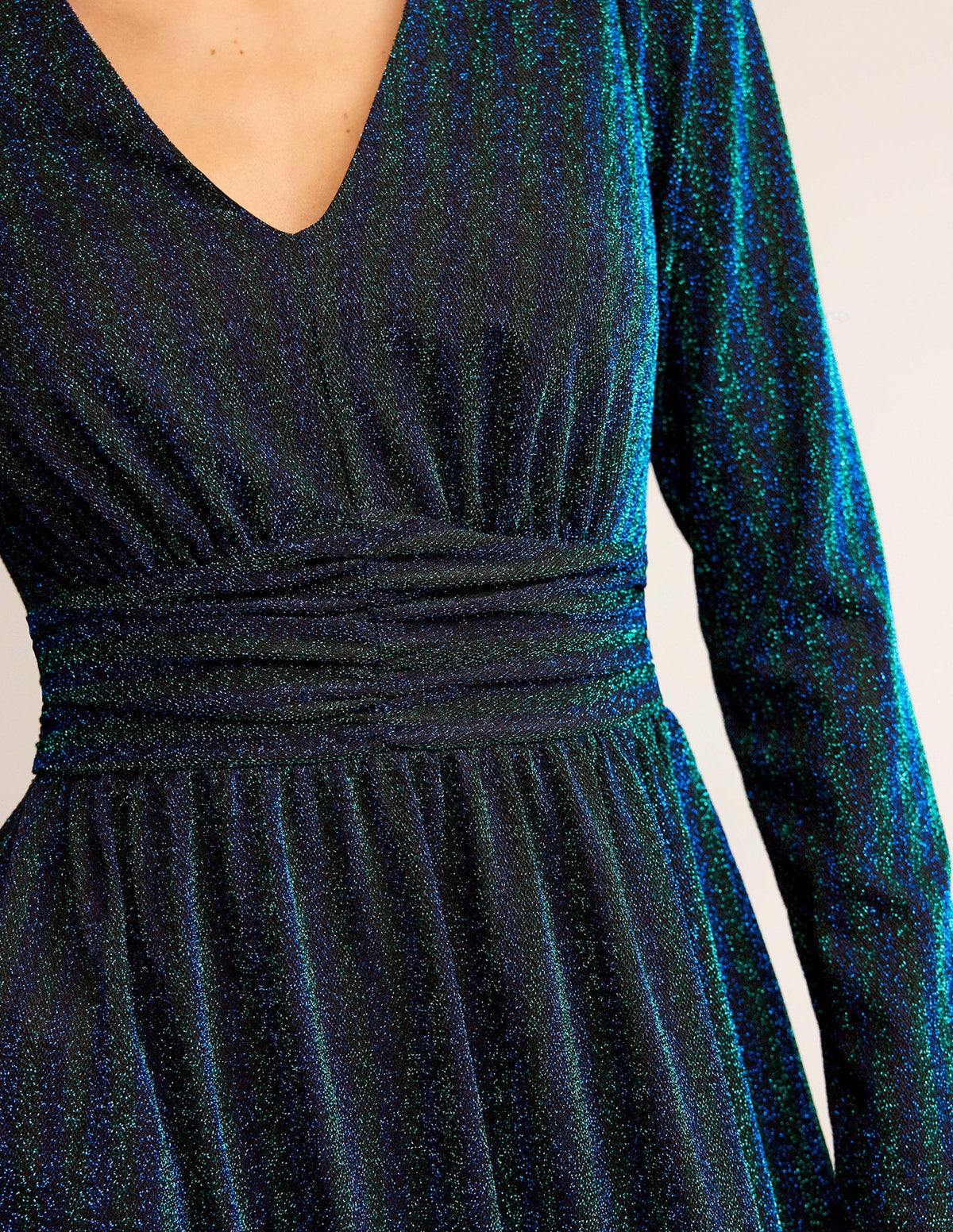 Midikleid mit Raffung und Glitzer-Grün, Marineblau Streifen - Image 2