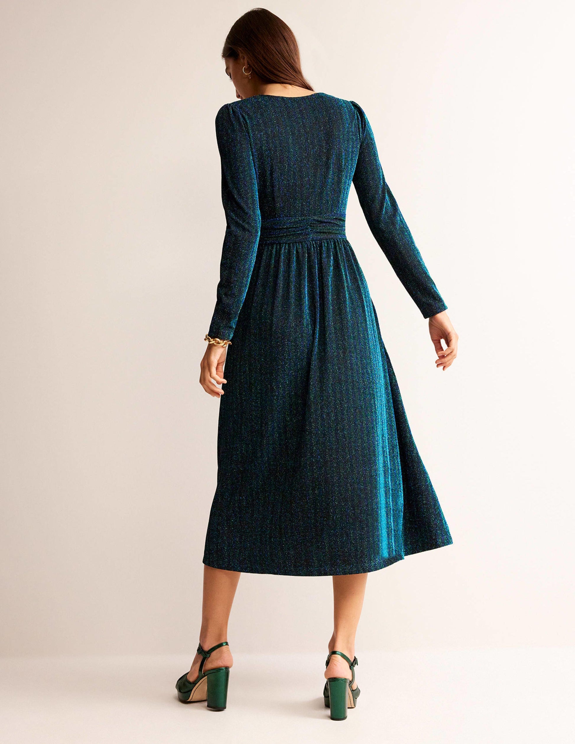 Midikleid mit Raffung und Glitzer-Grün, Marineblau Streifen-3