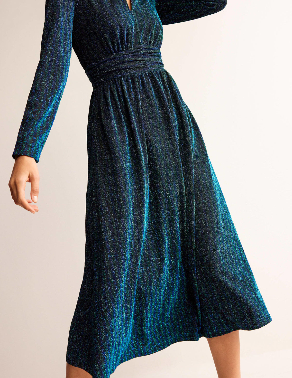 Midikleid mit Raffung und Glitzer-Grün, Marineblau Streifen-4