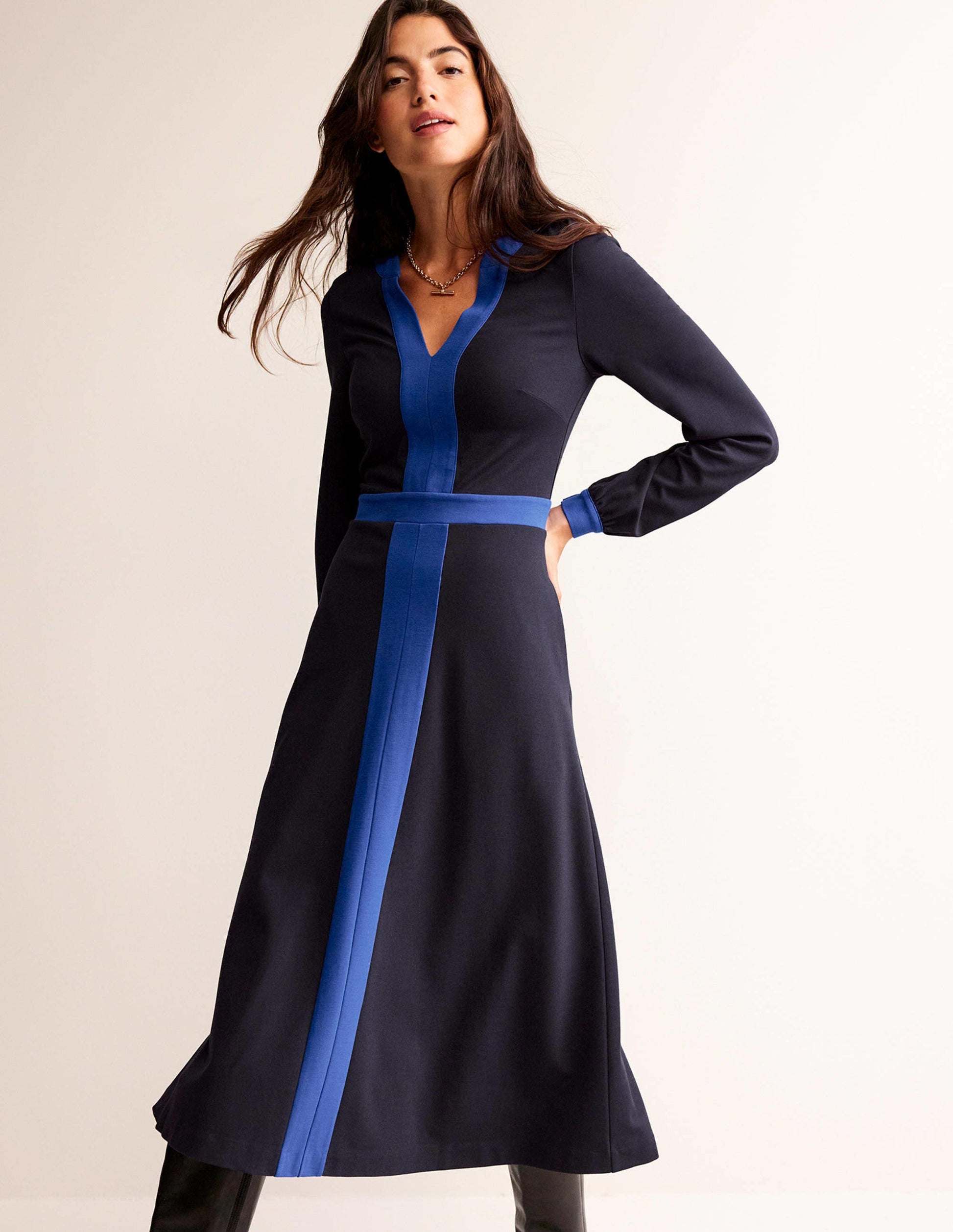 Midikleid in Blockfarben-Marineblau und leuchtendes Blau-1