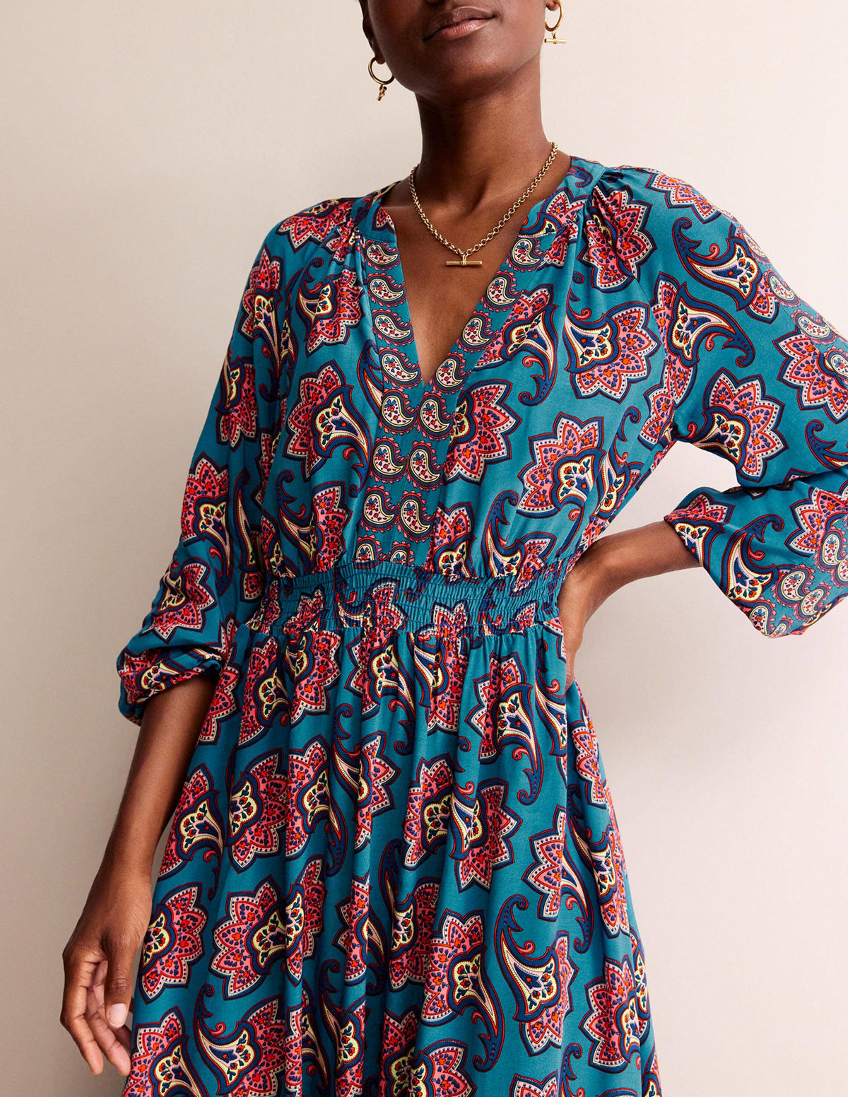 Raglan-Midikleid mit Bordürenmuster-Ägäisblau, Paisley-Amaryllis-2