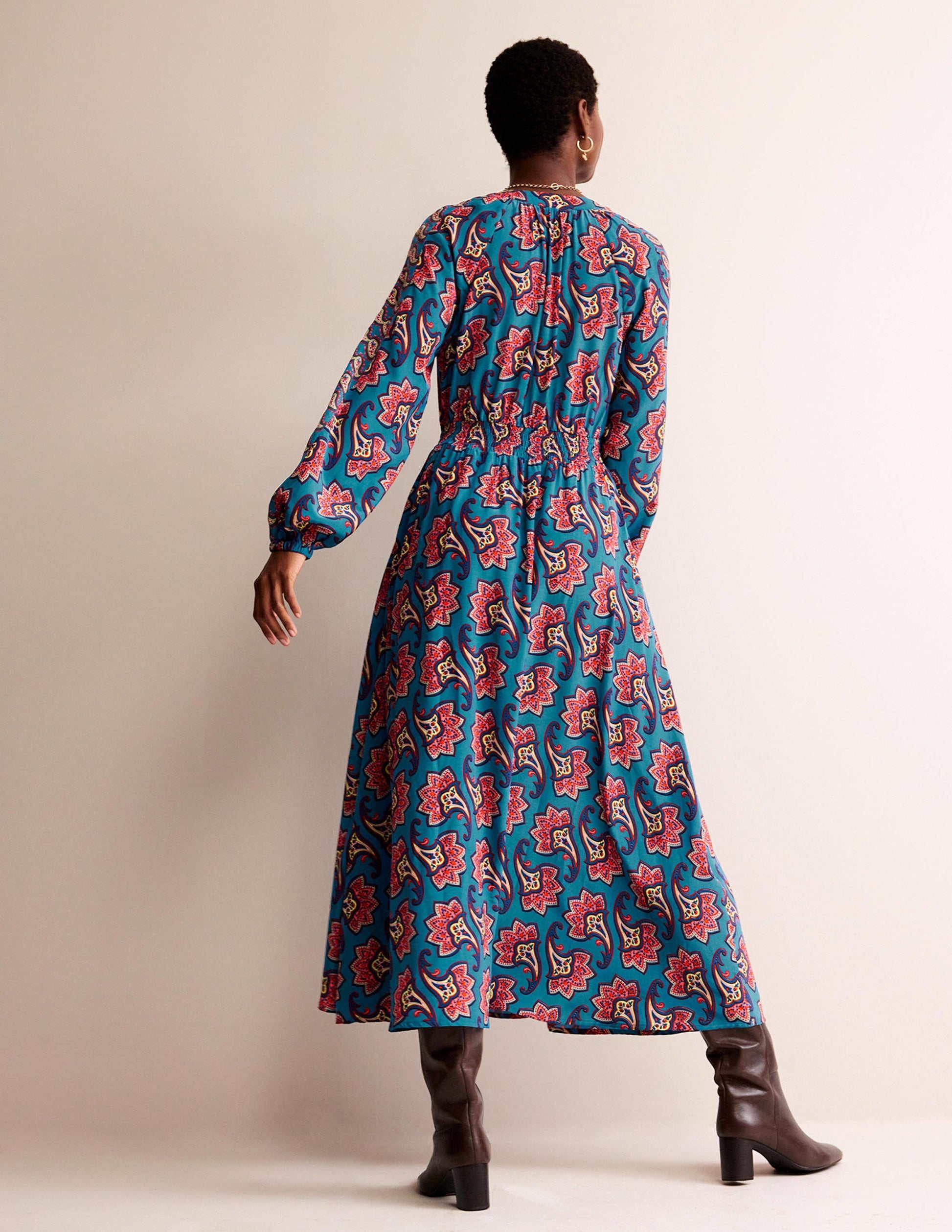 Raglan-Midikleid mit Bordürenmuster-Ägäisblau, Paisley-Amaryllis-3