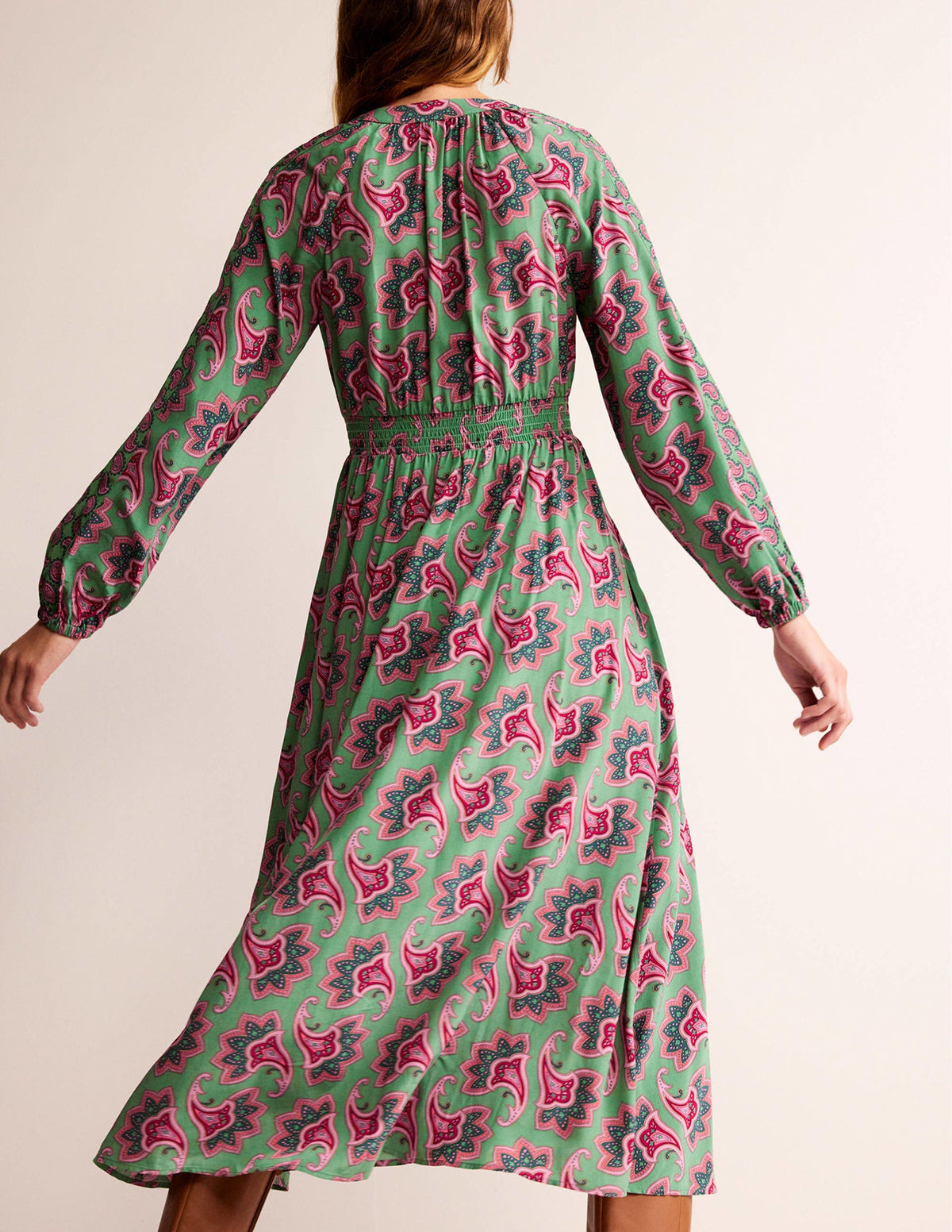 Raglan-Midikleid mit Bordürenmuster-Grün, Paisley-Amaryllis - Image 3