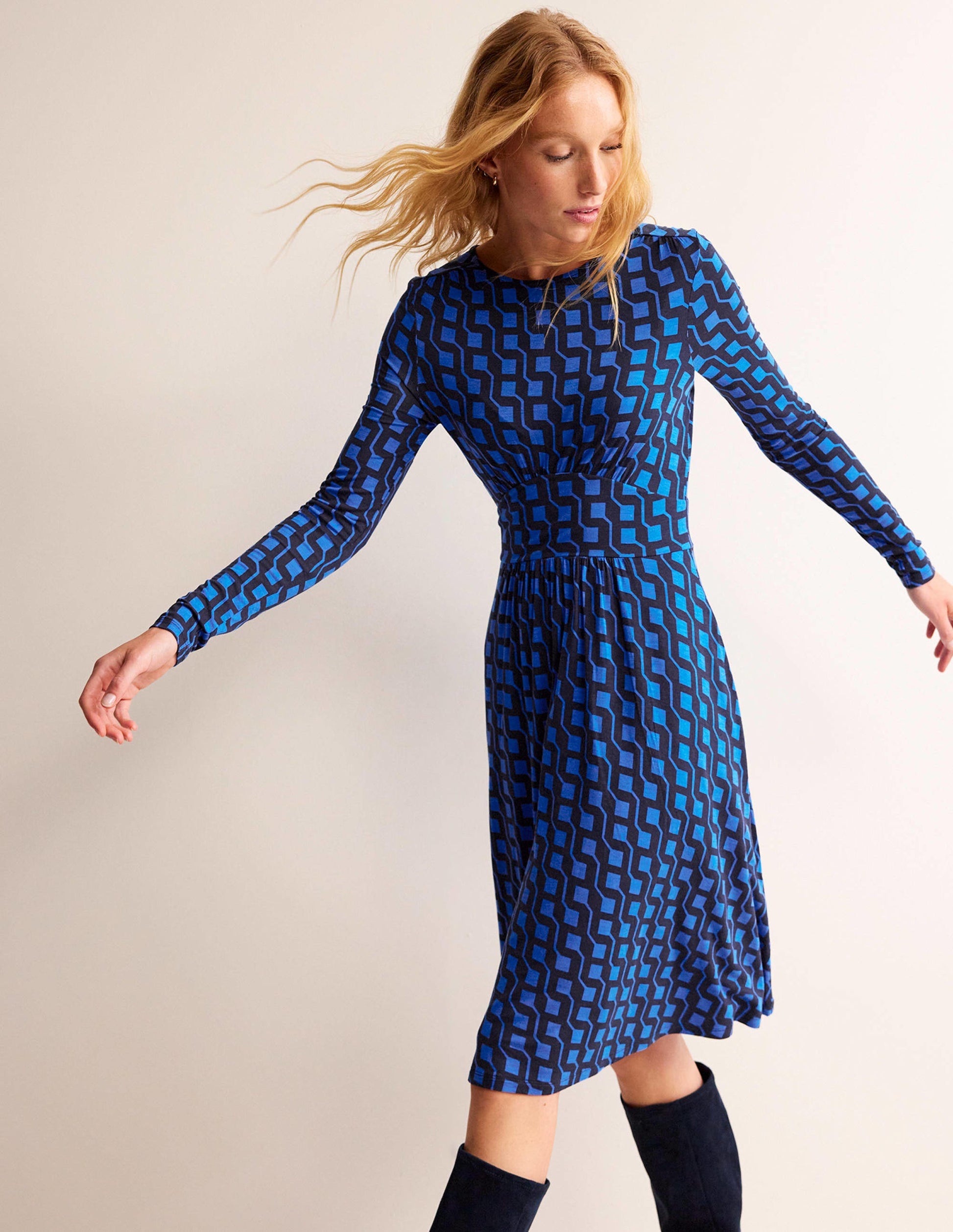 Robe courte Thea en jersey-Cobalt vif, motif Cube Geo-1