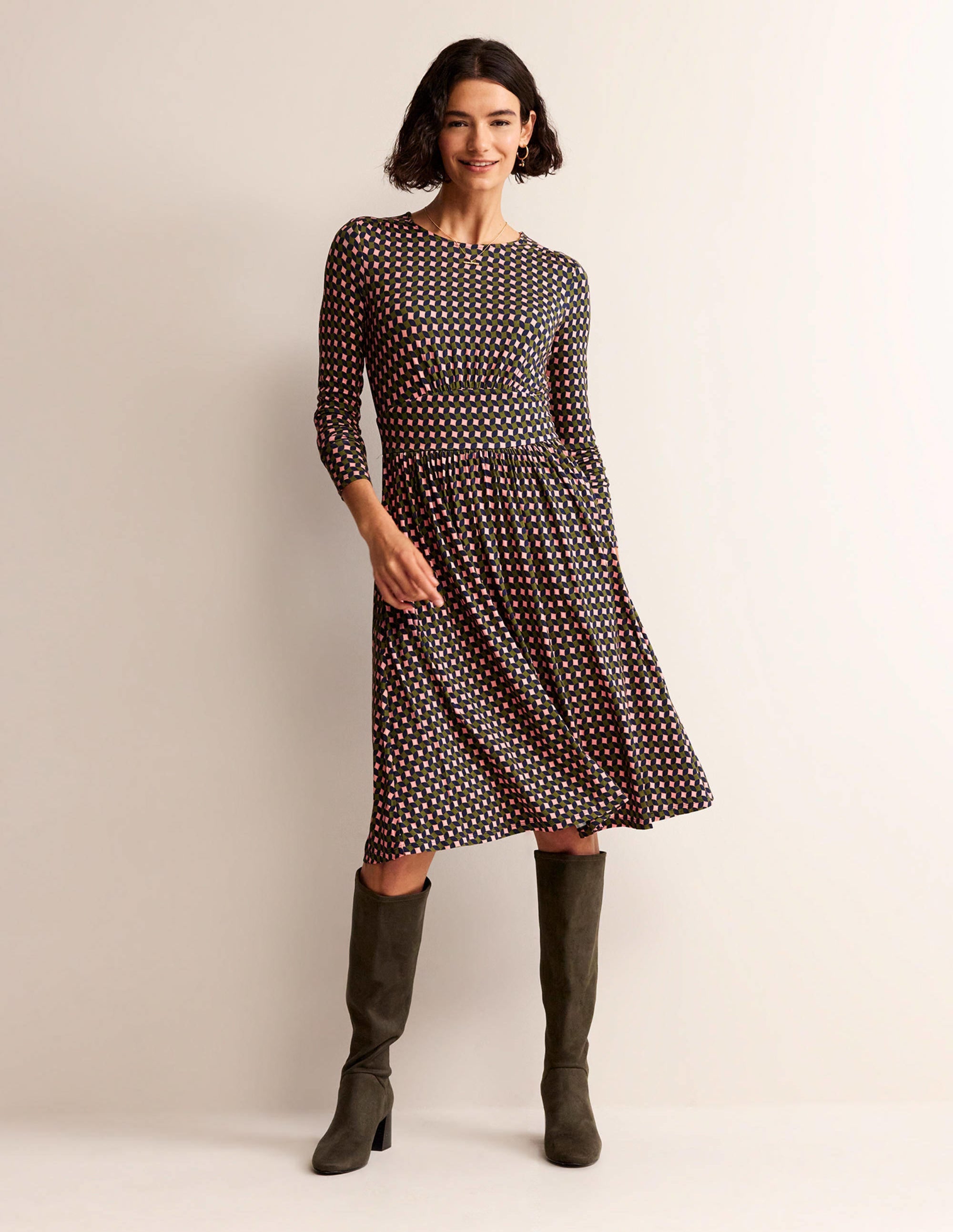 Thea Short Jersey Dress-Olive Green, Abstract Diamond - Image 1