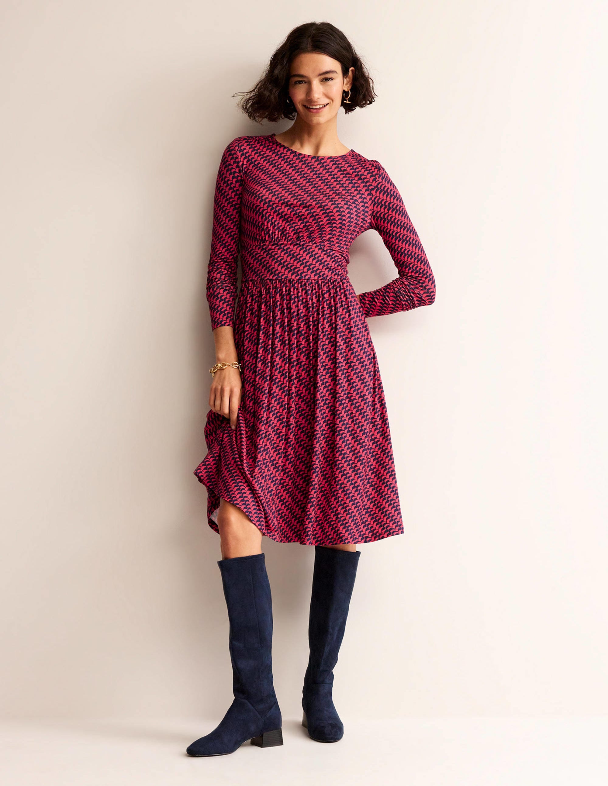 Robe courte Thea en jersey-Pivoine vif, motif Geo Fall - Image 1
