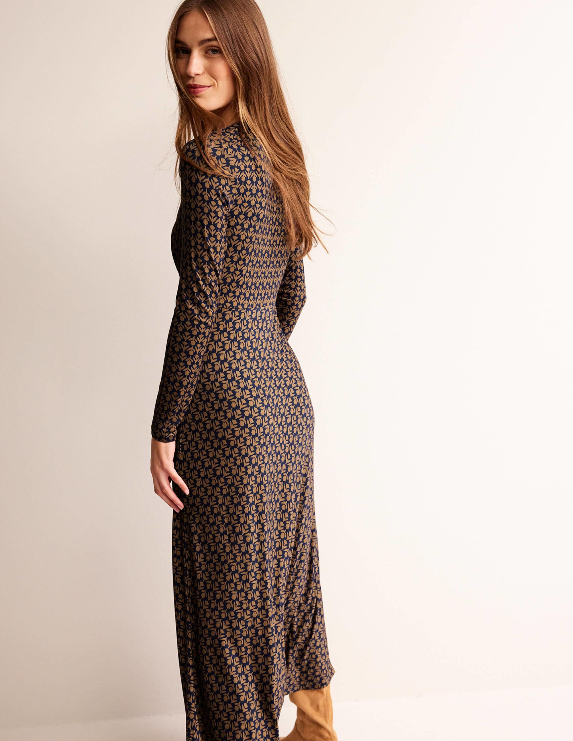 Robe style 40s à manches longues en jersey-Camel, motif Tulip Pop - Image 1
