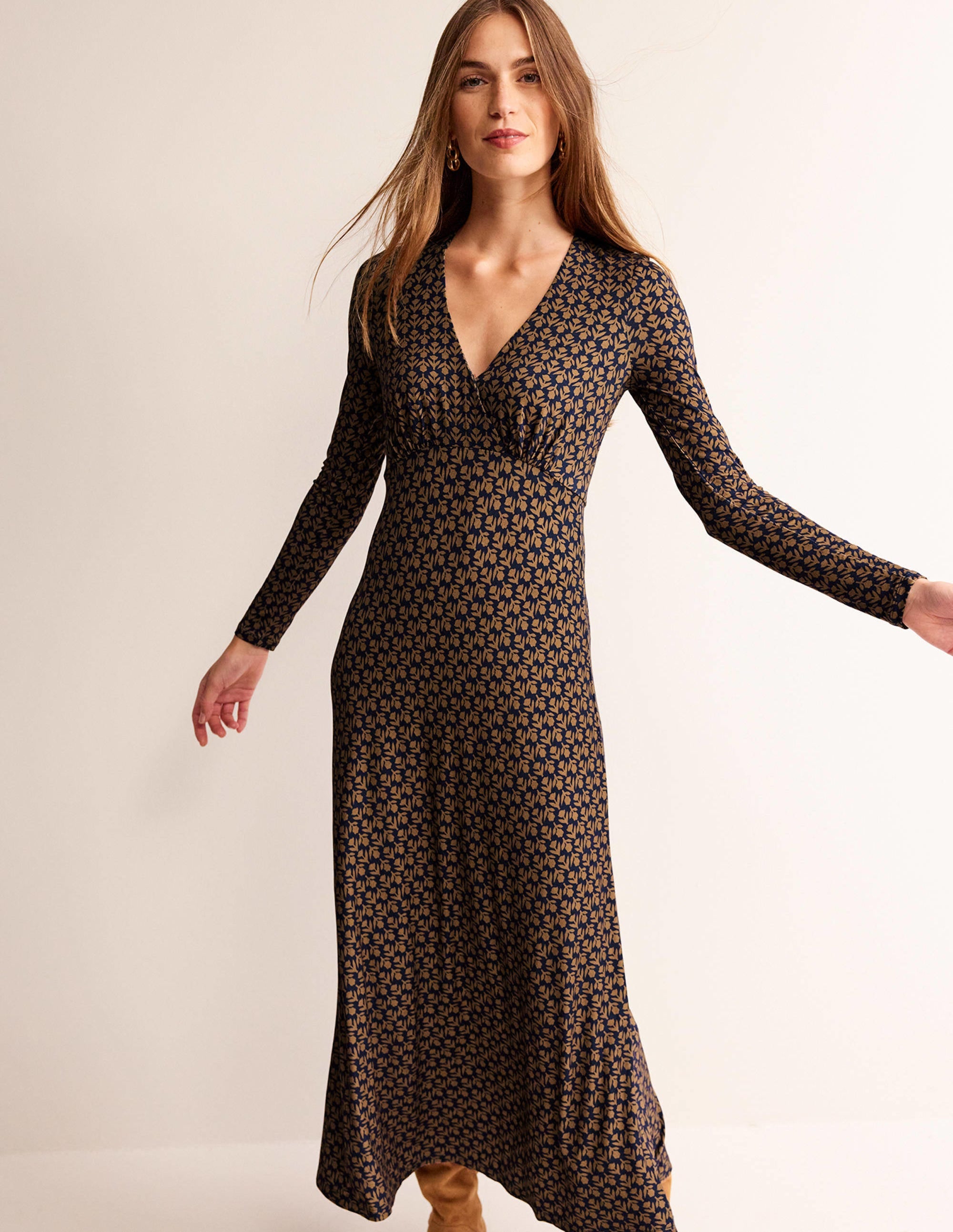 Robe style 40s à manches longues en jersey-Camel, motif Tulip Pop - Image 2