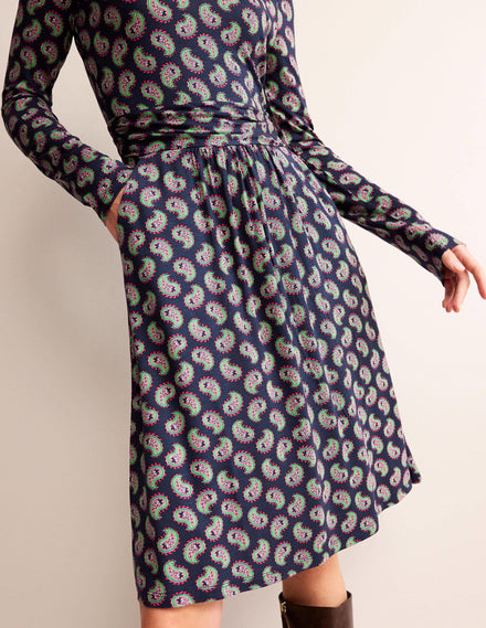 Abigail Jerseykleid-Marineblau, Paisley-Muster