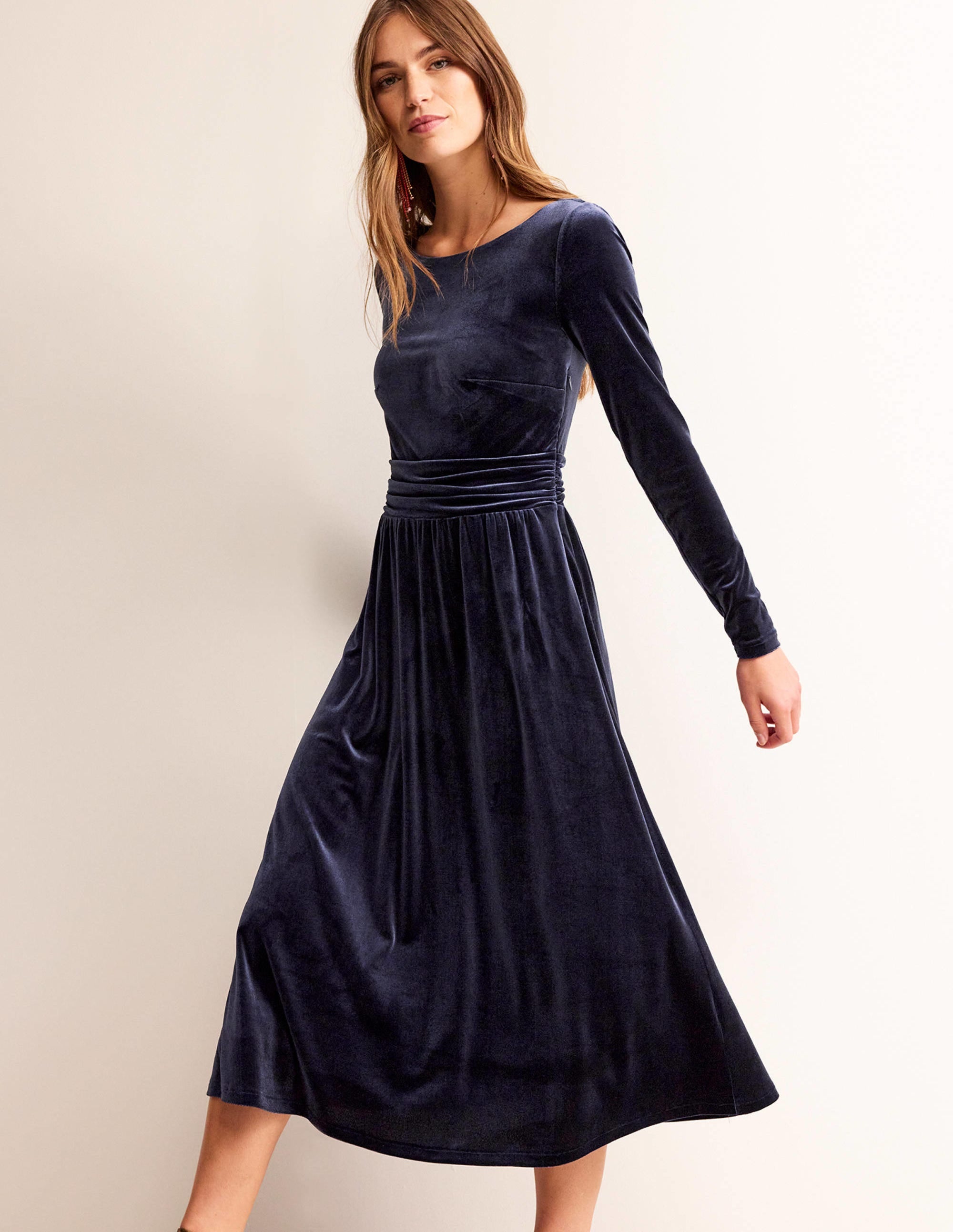 Robe midi Abigail en velours-Bleu marine - Image 4
