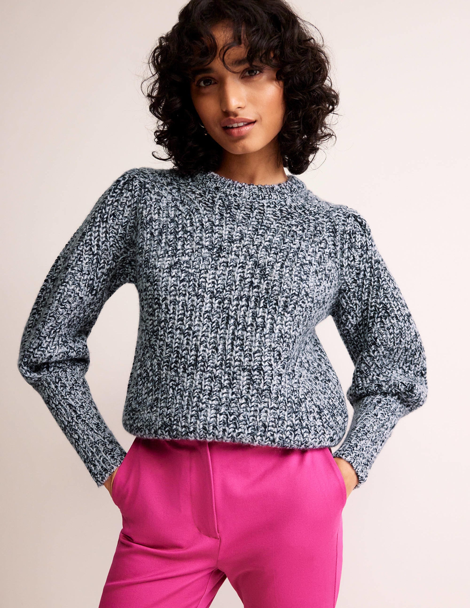 Pull à côtes épaisses en cachemire-Camaïeu de bleu chiné - Image 1