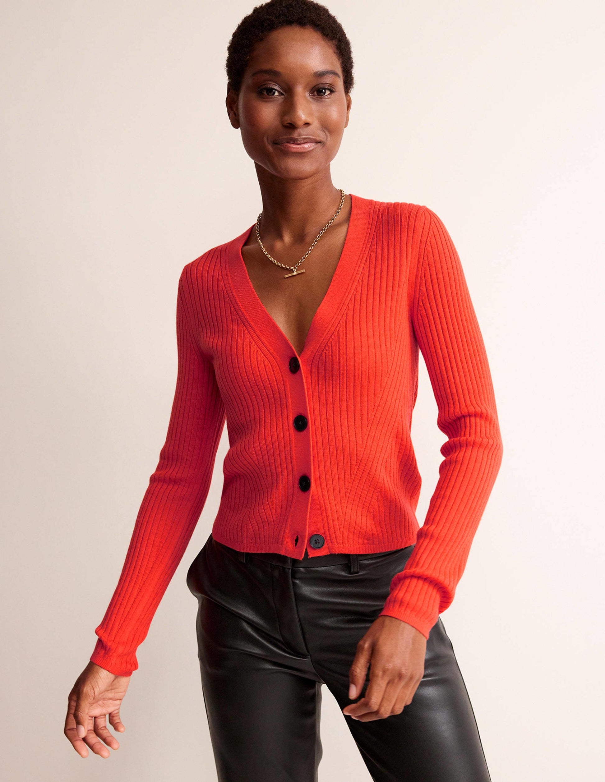 Ribbed Merino V Cardigan-Vermillion Red-1
