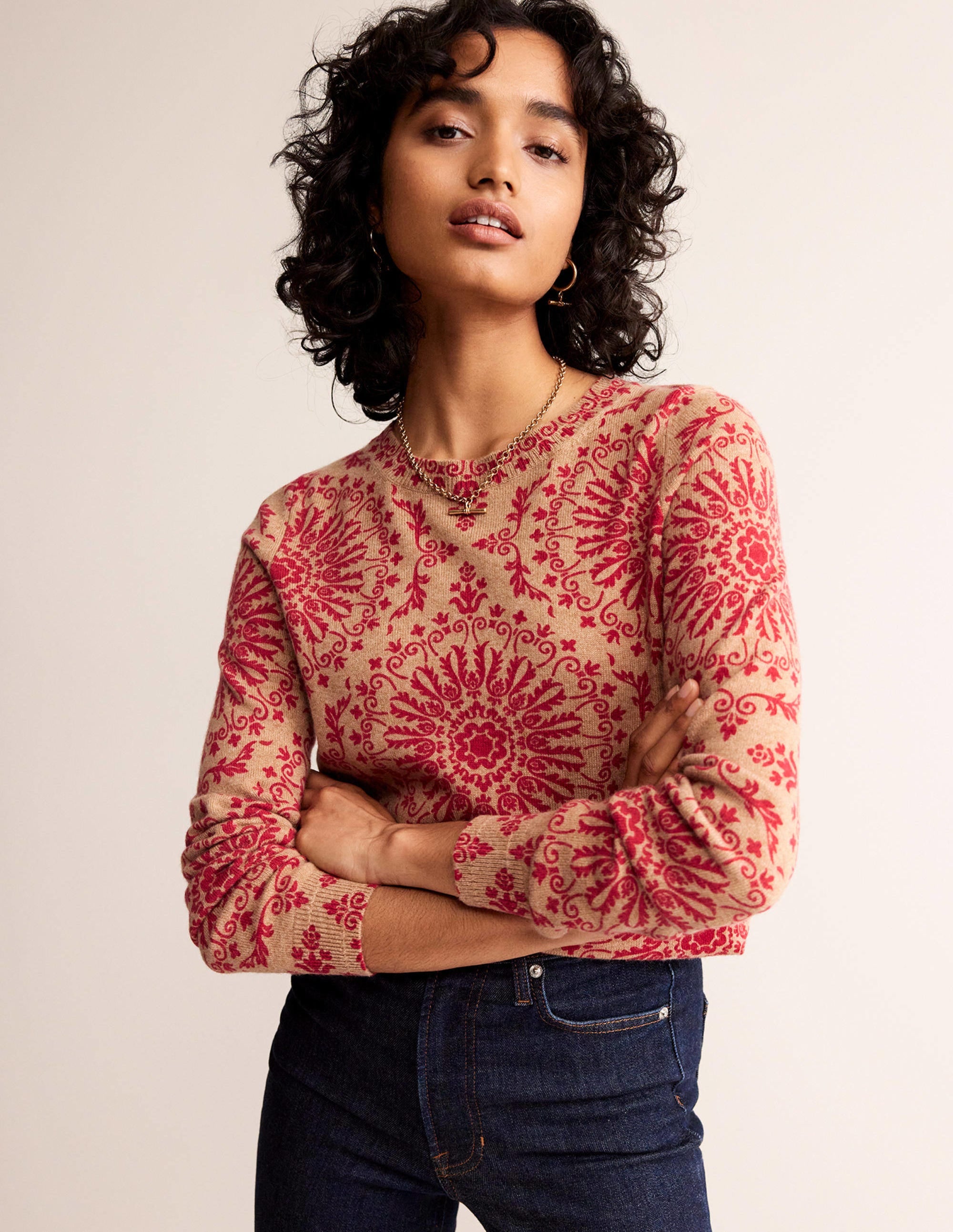 Eva Kaschmirpullover mit Rundhalsausschnitt-Kamelbraun Pfingstrose - Image 1