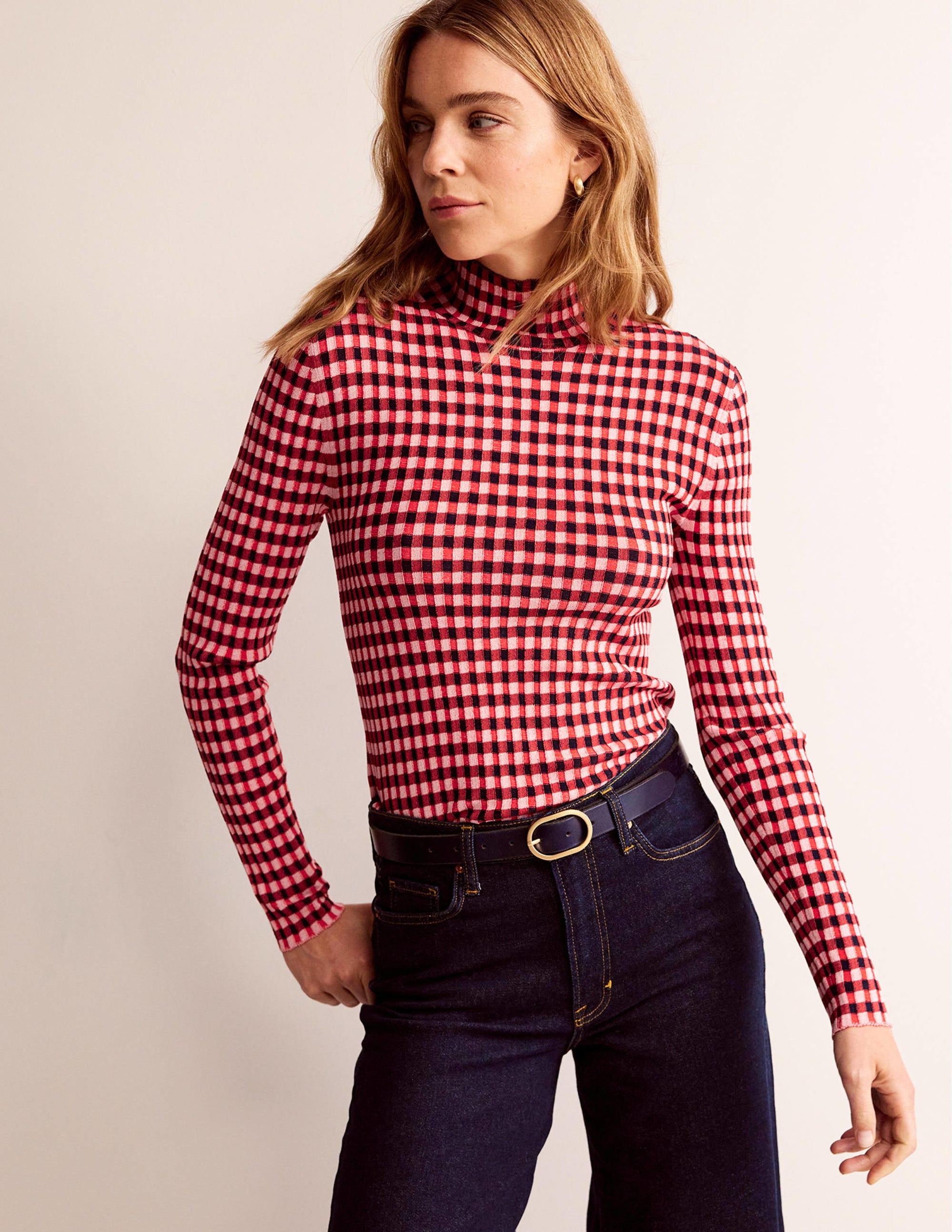 Figurbetonter Pullover mit Karos-Pepperoni, Marshmallow - Image 1