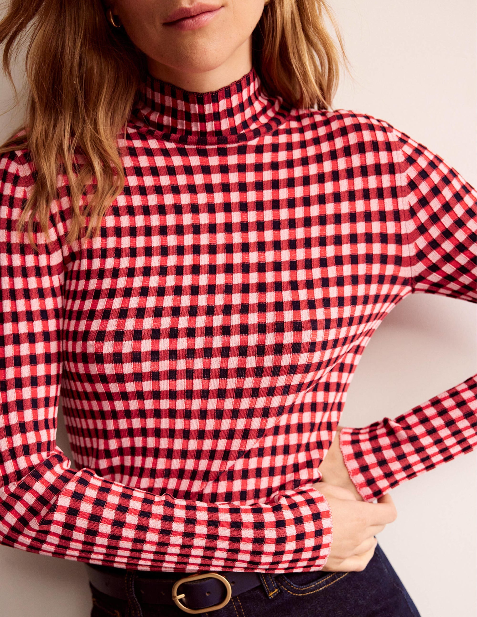 Figurbetonter Pullover mit Karos-Pepperoni, Marshmallow - Image 2