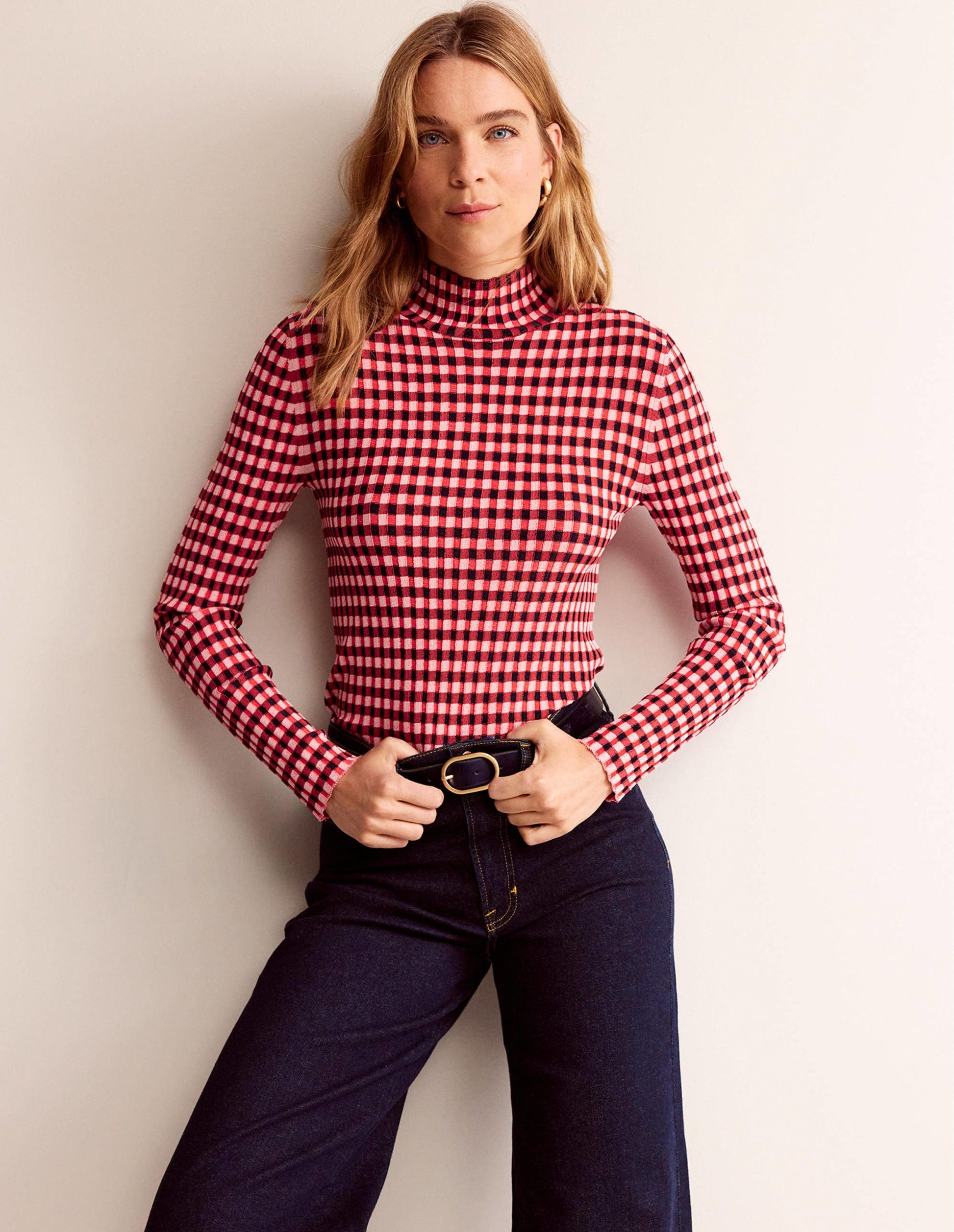 Figurbetonter Pullover mit Karos-Pepperoni, Marshmallow-4