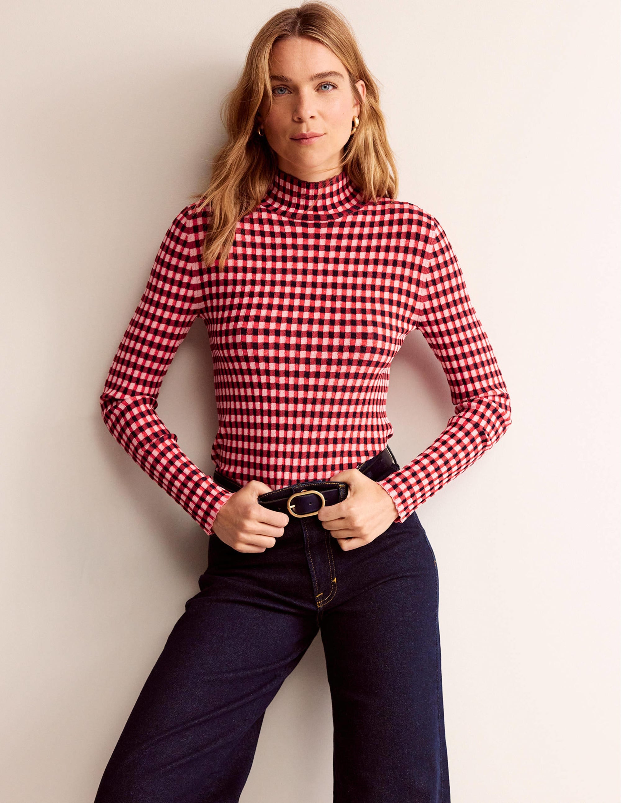 Figurbetonter Pullover mit Karos-Pepperoni, Marshmallow - Image 4