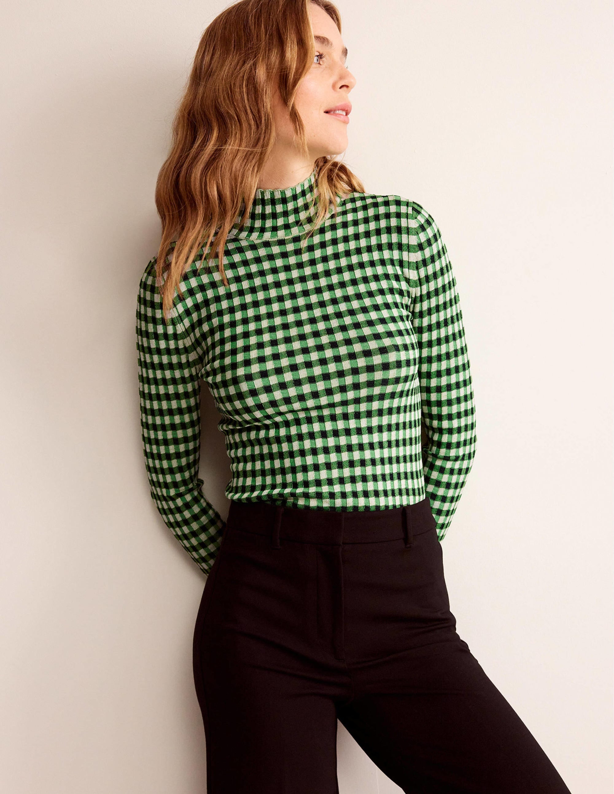 Figurbetonter Pullover mit Karos-Marineblau, Strahlendes Grün - Image 1