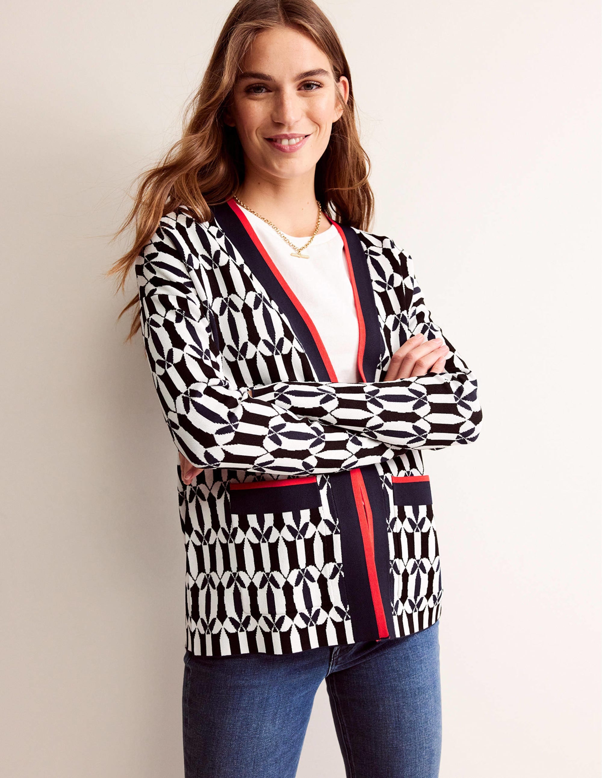 Gilet en jacquard-Noir et ivoire, motif géométrique - Image 1