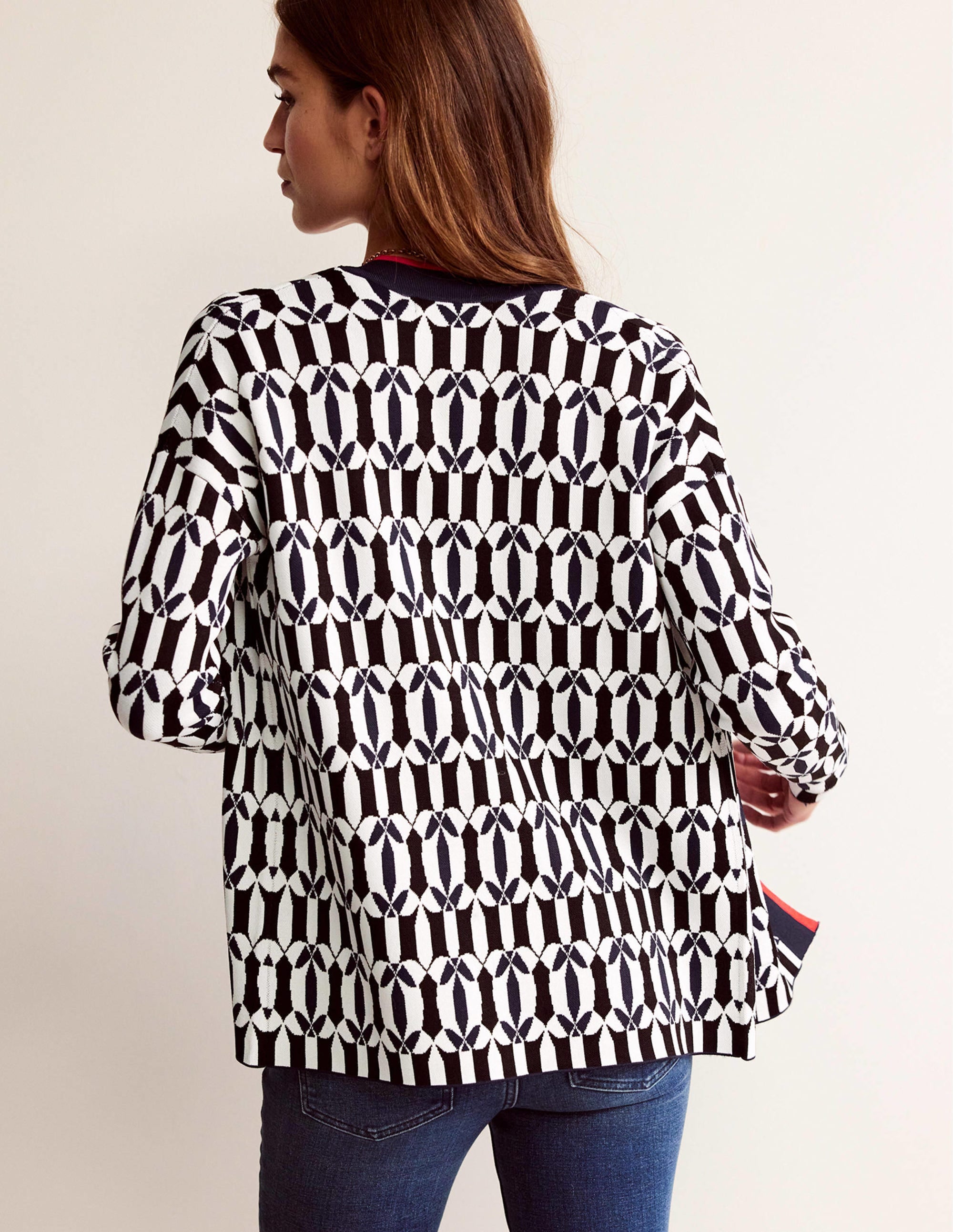 Gilet en jacquard-Noir et ivoire, motif géométrique - Image 3