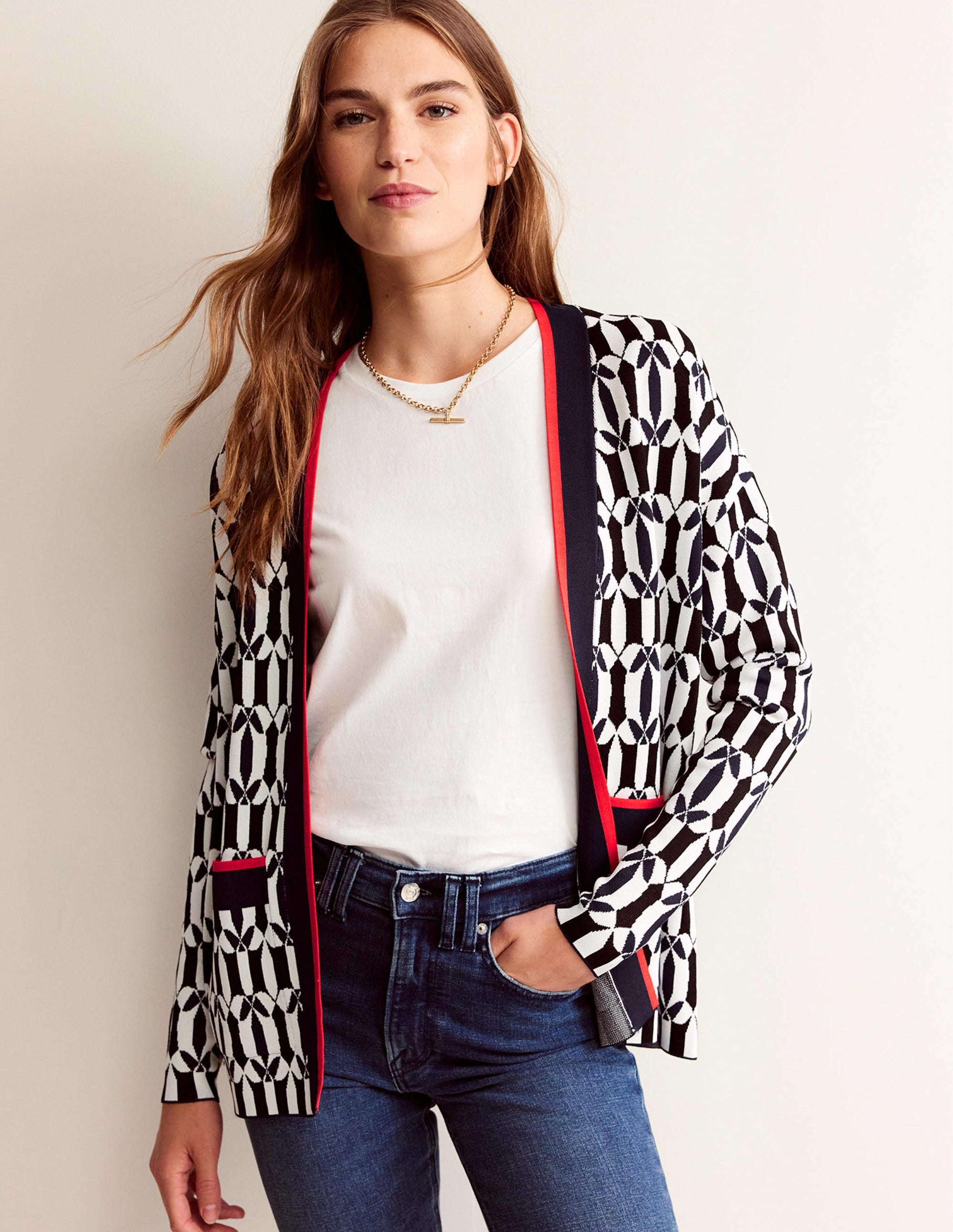 Gilet en jacquard-Noir et ivoire, motif géométrique - Image 4