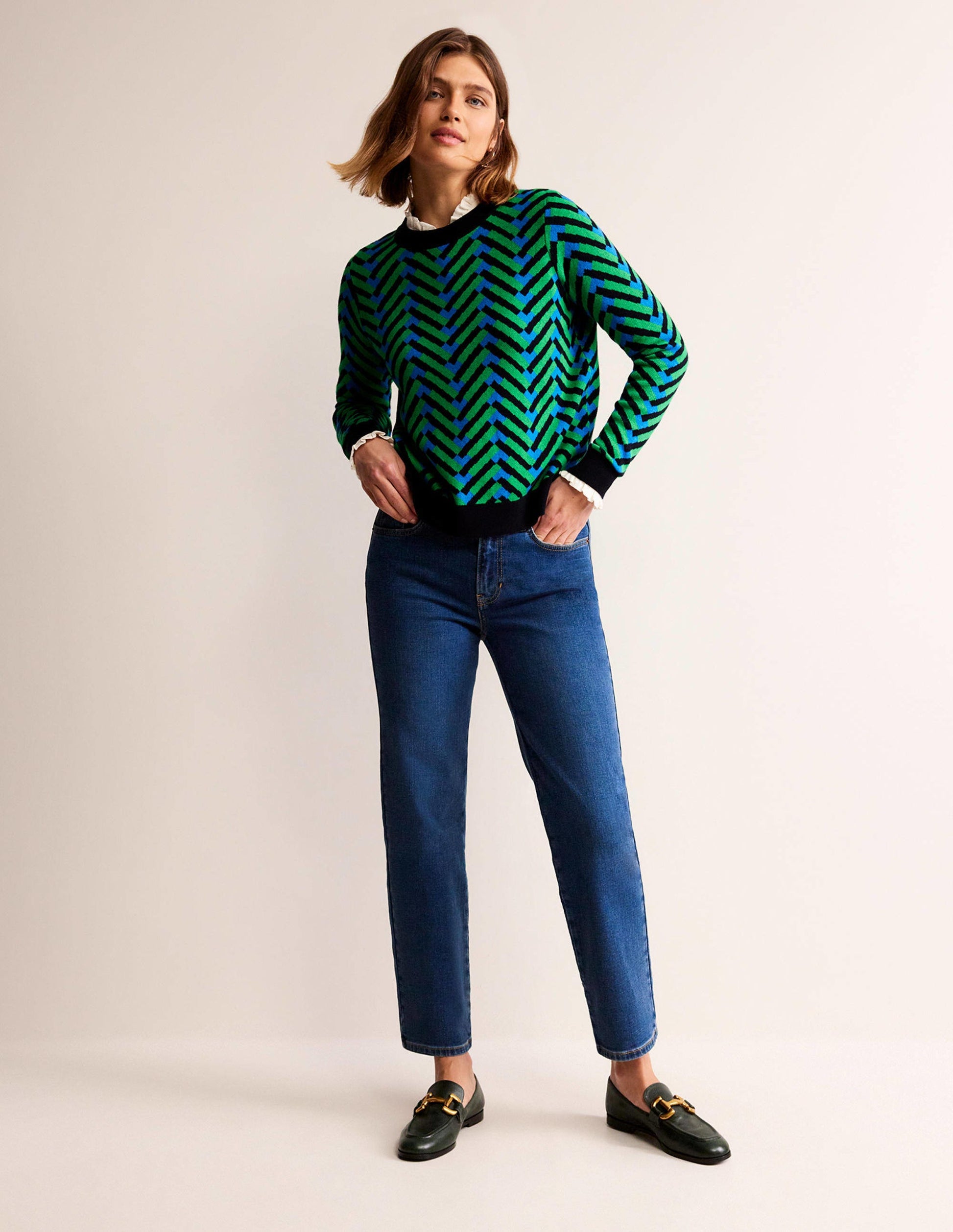 Jacquard Jumper-Pigment Green, Chevron Geo-4