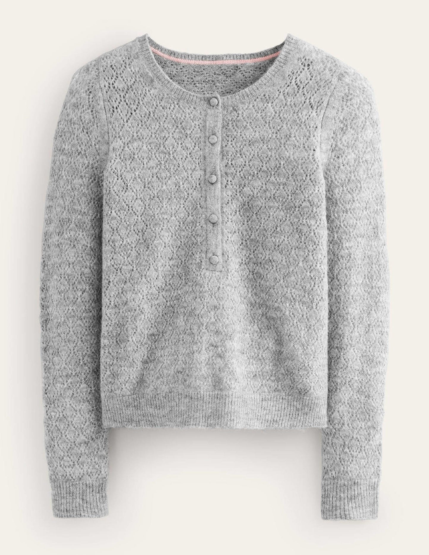 Flauschiger Henley-Pointelle-Pullover-Grau Meliert