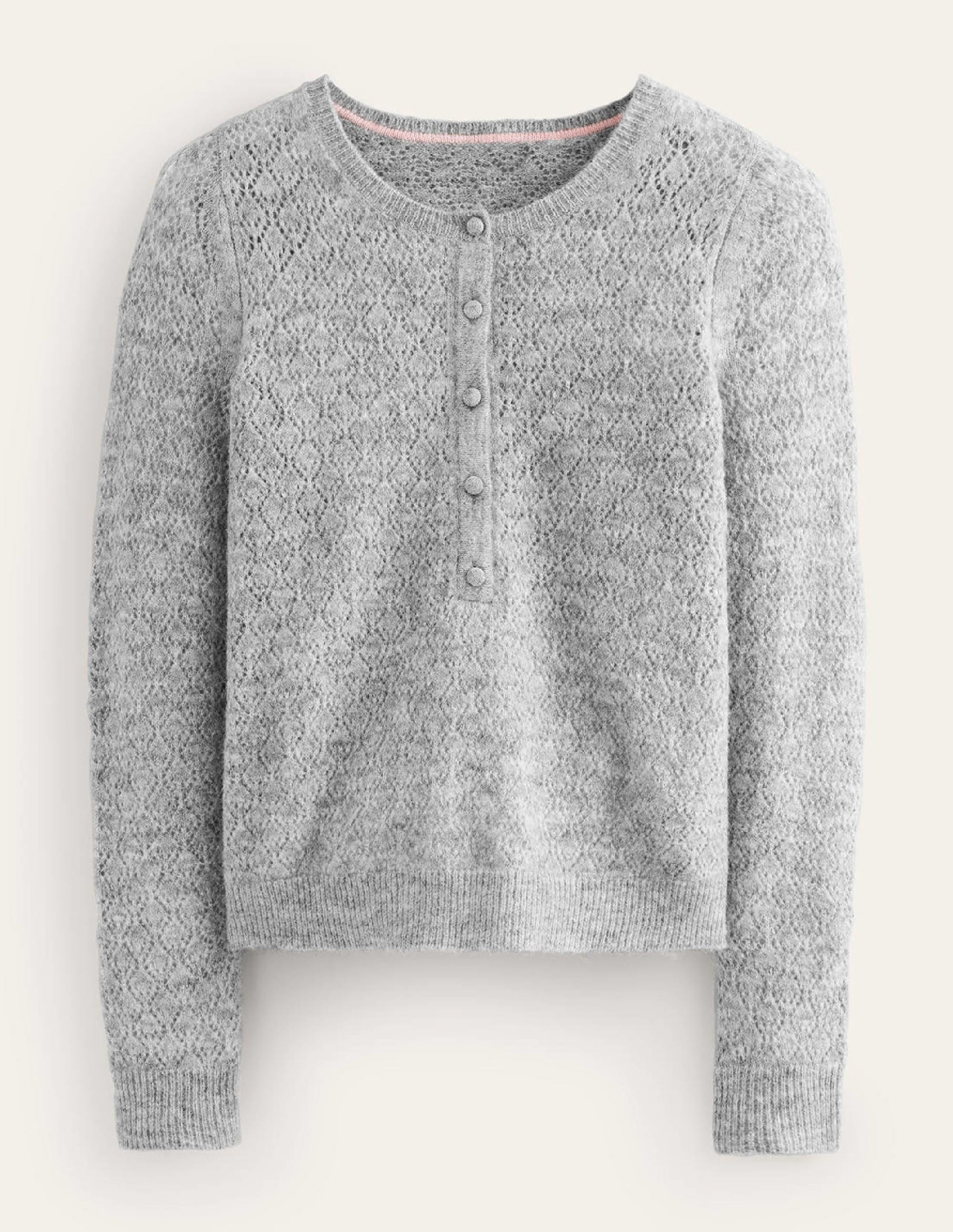 Pull duveteux en pointelle à col tunisien-Gris chiné - Image 5