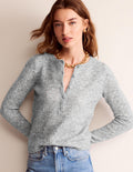 Pull duveteux en pointelle à col tunisien-Gris chiné