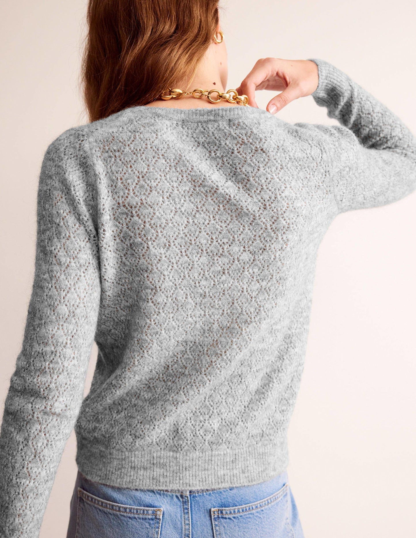 Flauschiger Henley-Pointelle-Pullover-Grau Meliert