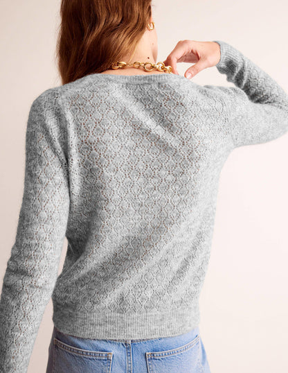 Flauschiger Henley-Pointelle-Pullover-Grau Meliert-3
