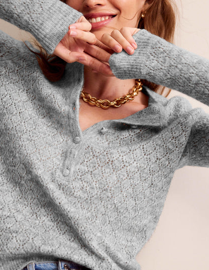 Flauschiger Henley-Pointelle-Pullover-Grau Meliert-4