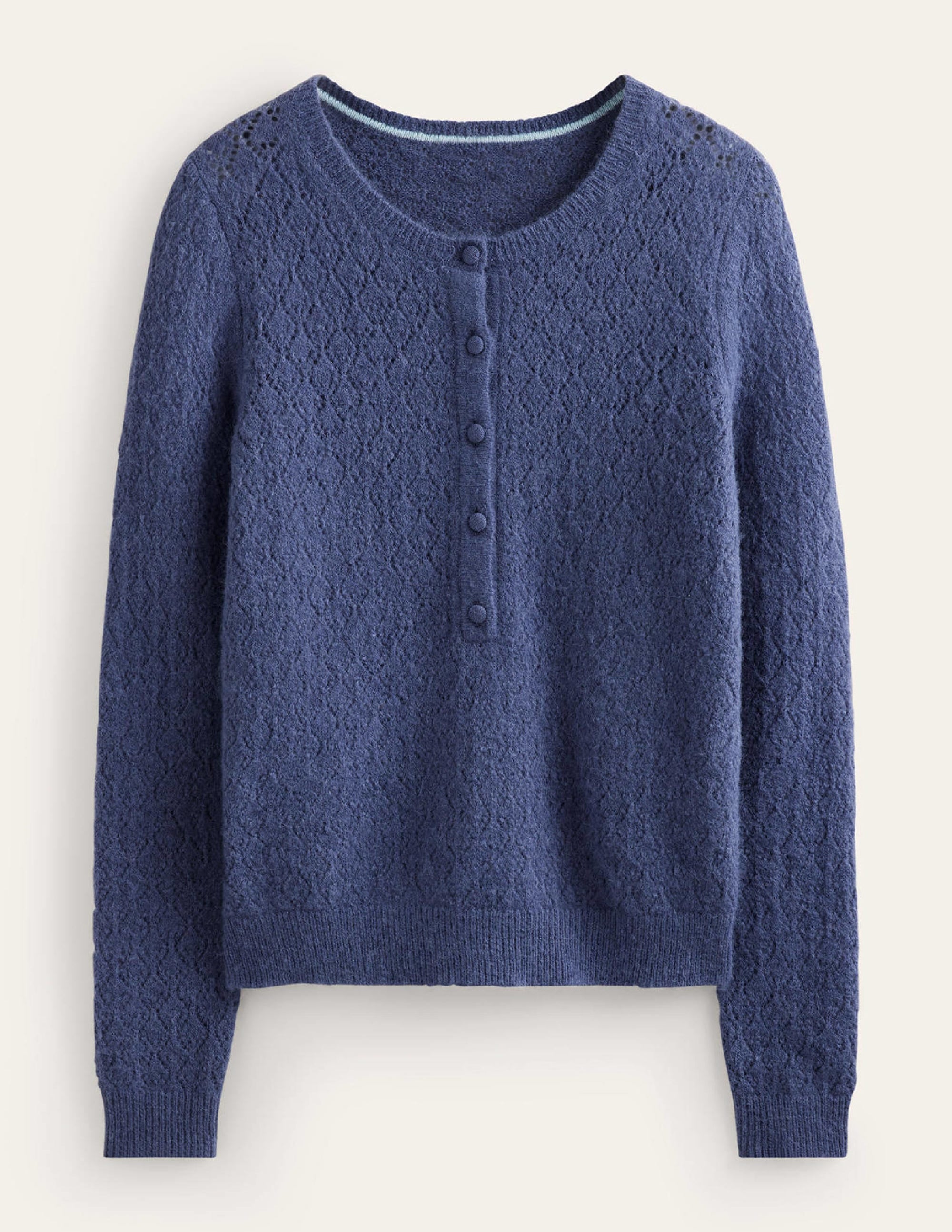 Flauschiger Henley-Pointelle-Pullover-Nachtschattenblau - Image 5