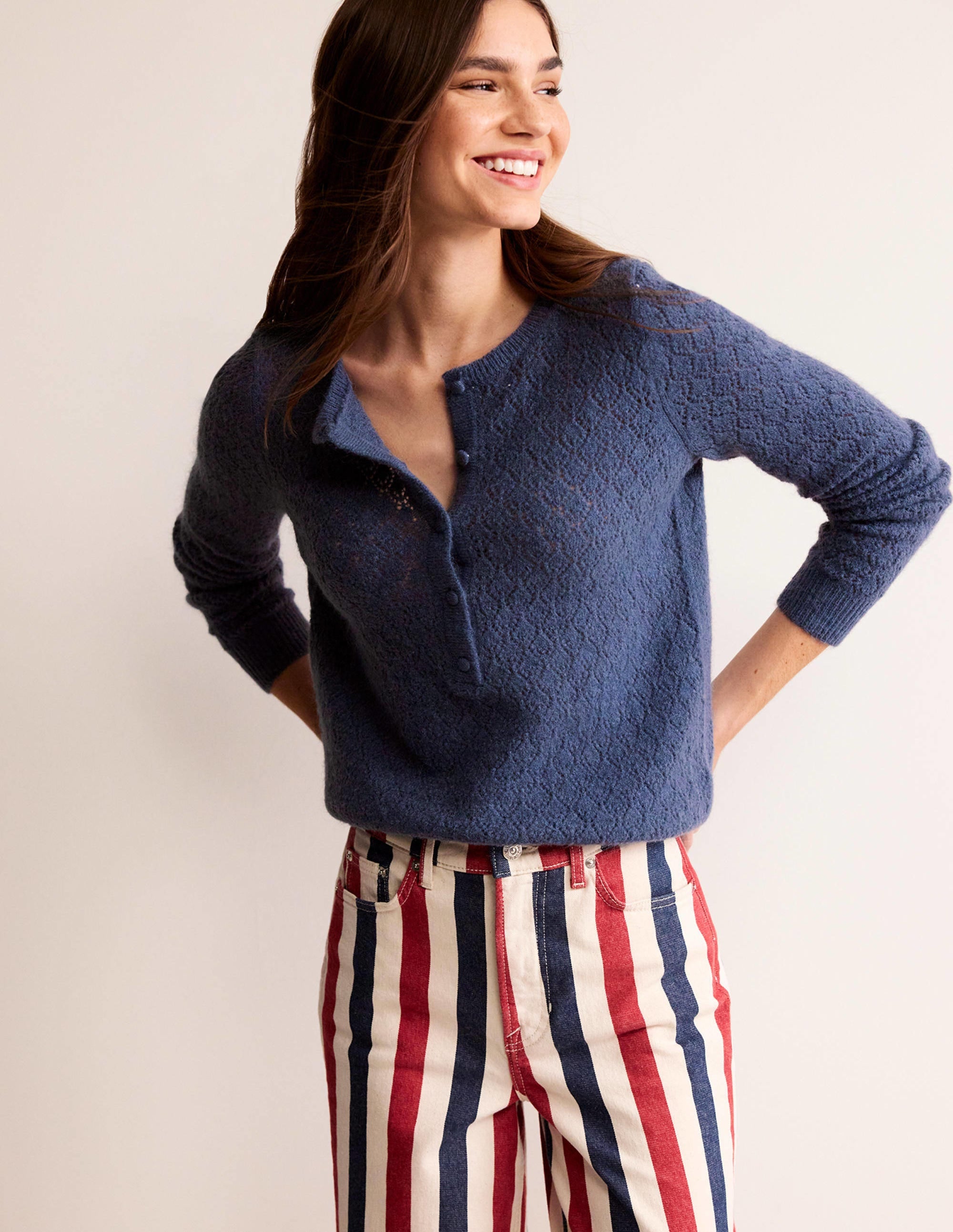 Flauschiger Henley-Pointelle-Pullover-Nachtschattenblau - Image 1