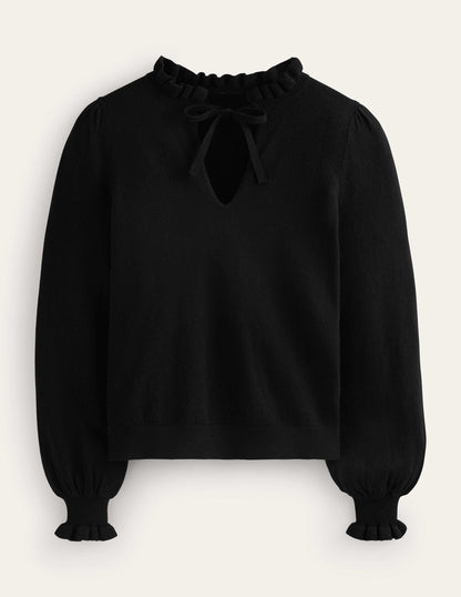 Pullover mit Rüschen und Kragen zum Binden-Schwarz