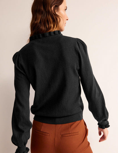 Pullover mit Rüschen und Kragen zum Binden-Schwarz