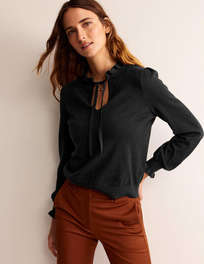 Pullover mit Rüschen und Kragen zum Binden-Schwarz