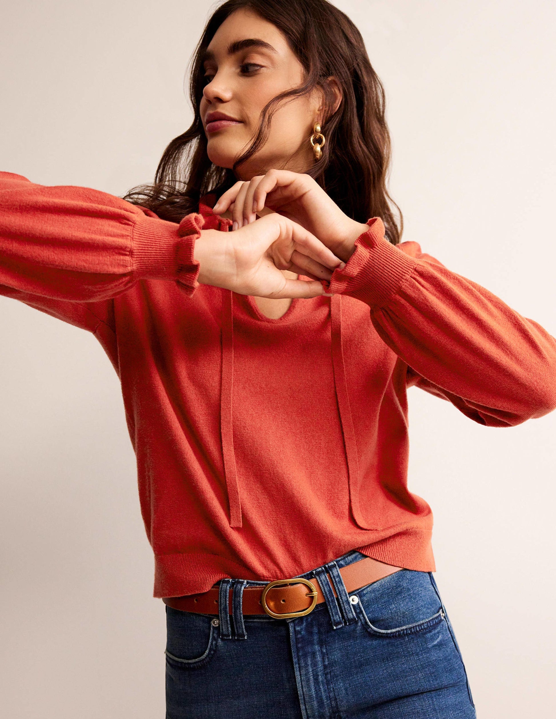 Ruffle Tie-Neck Jumper-Chestnut Brown-1