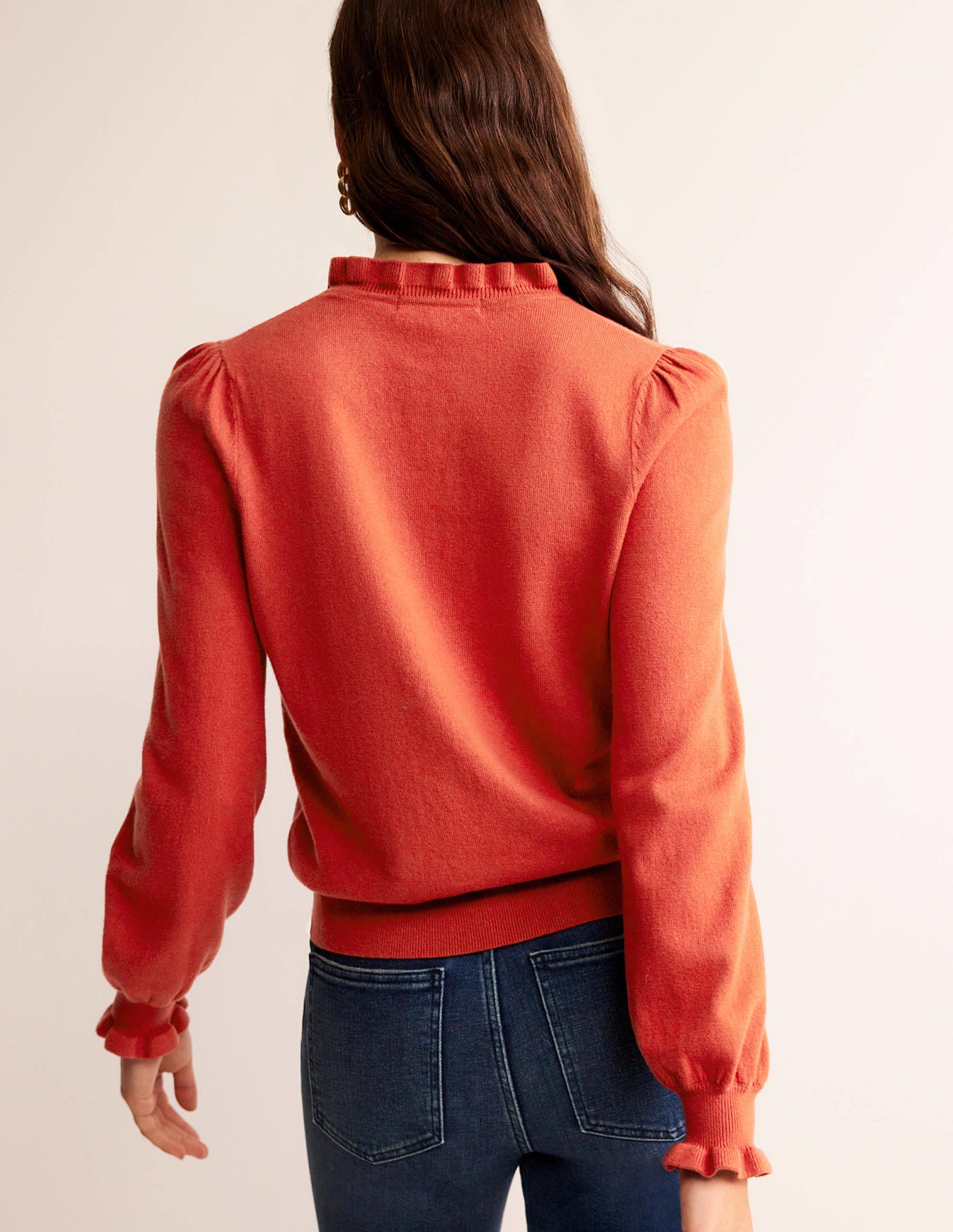 Ruffle Tie-Neck Jumper-Chestnut Brown - Image 3