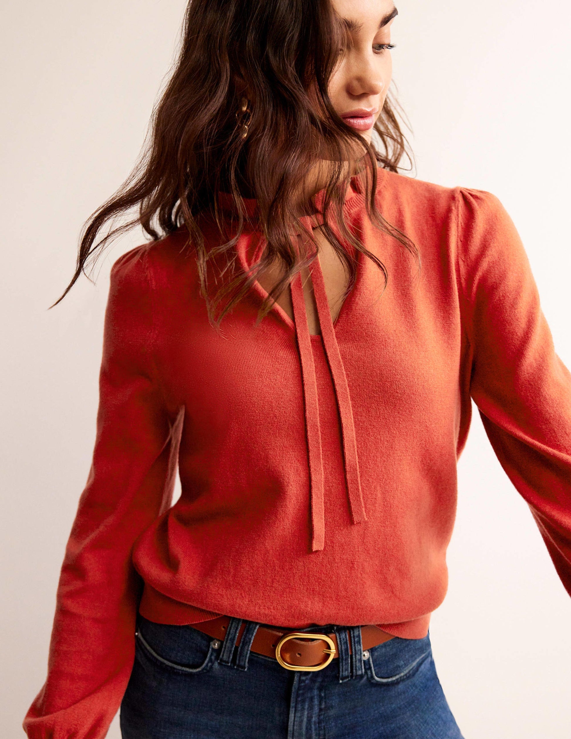 Ruffle Tie-Neck Jumper-Chestnut Brown-4