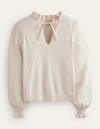 Pullover mit Rüschen und Kragen zum Binden-Naturweiß