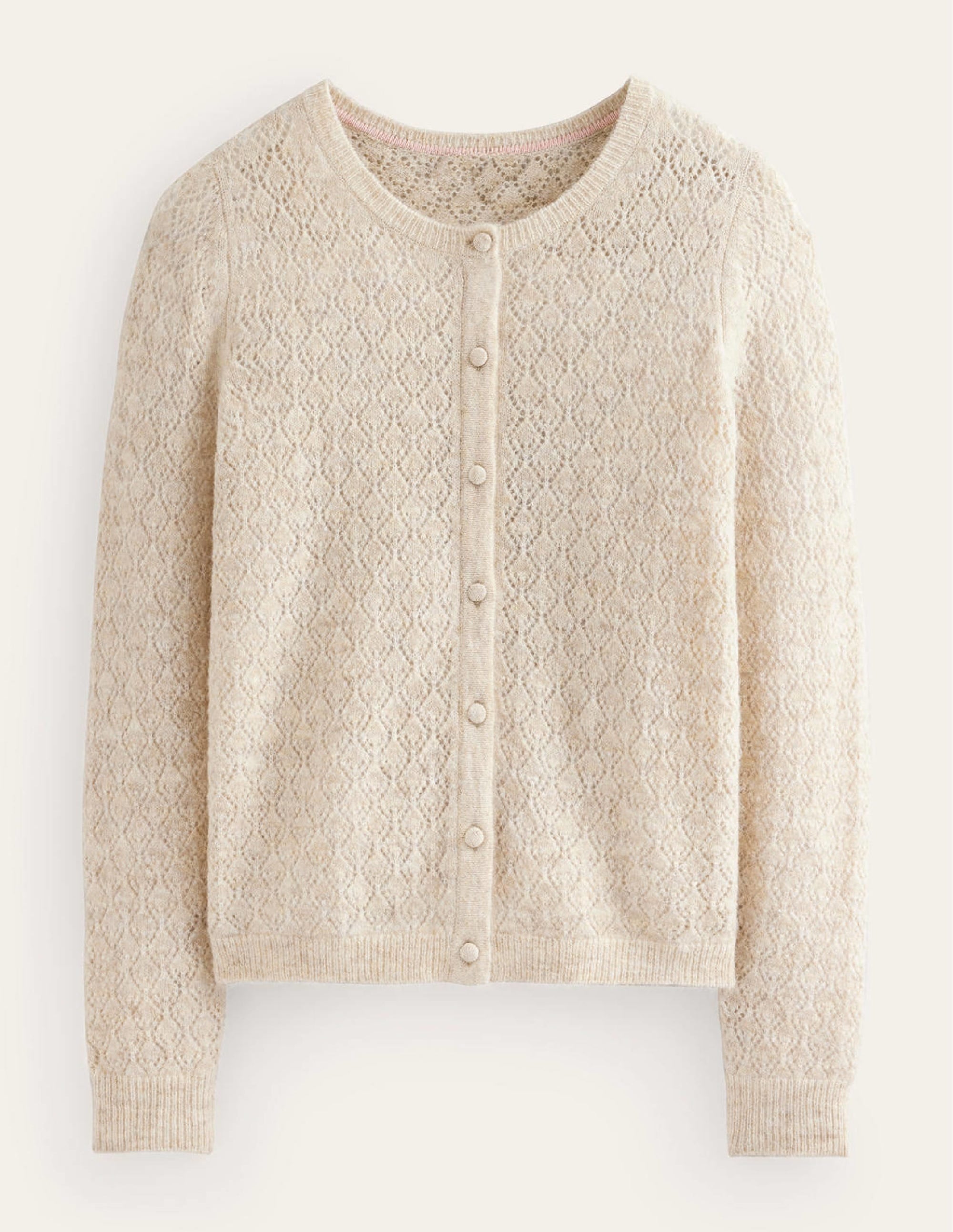 Flauschige Pointelle-Strickjacke-Haferbeige Meliert - Image 6