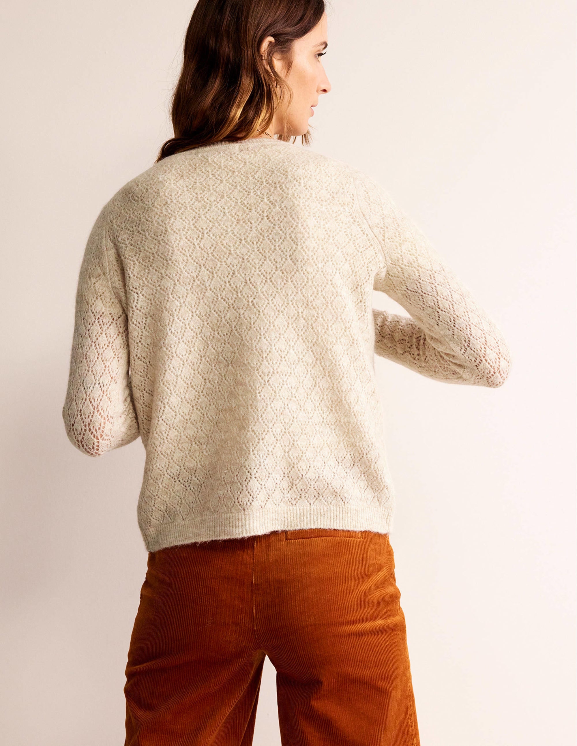 Flauschige Pointelle-Strickjacke-Haferbeige Meliert - Image 3