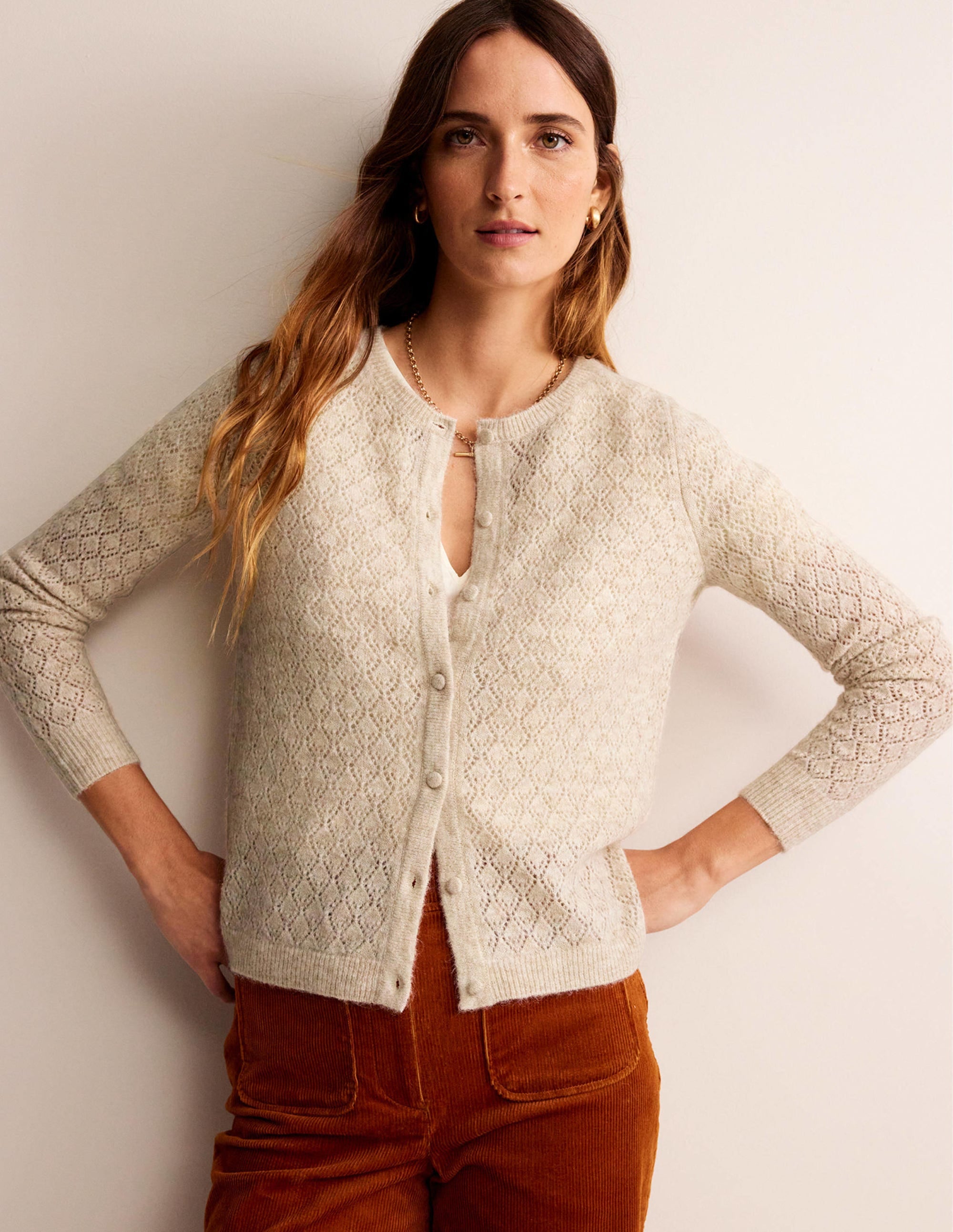 Flauschige Pointelle-Strickjacke-Haferbeige Meliert - Image 4