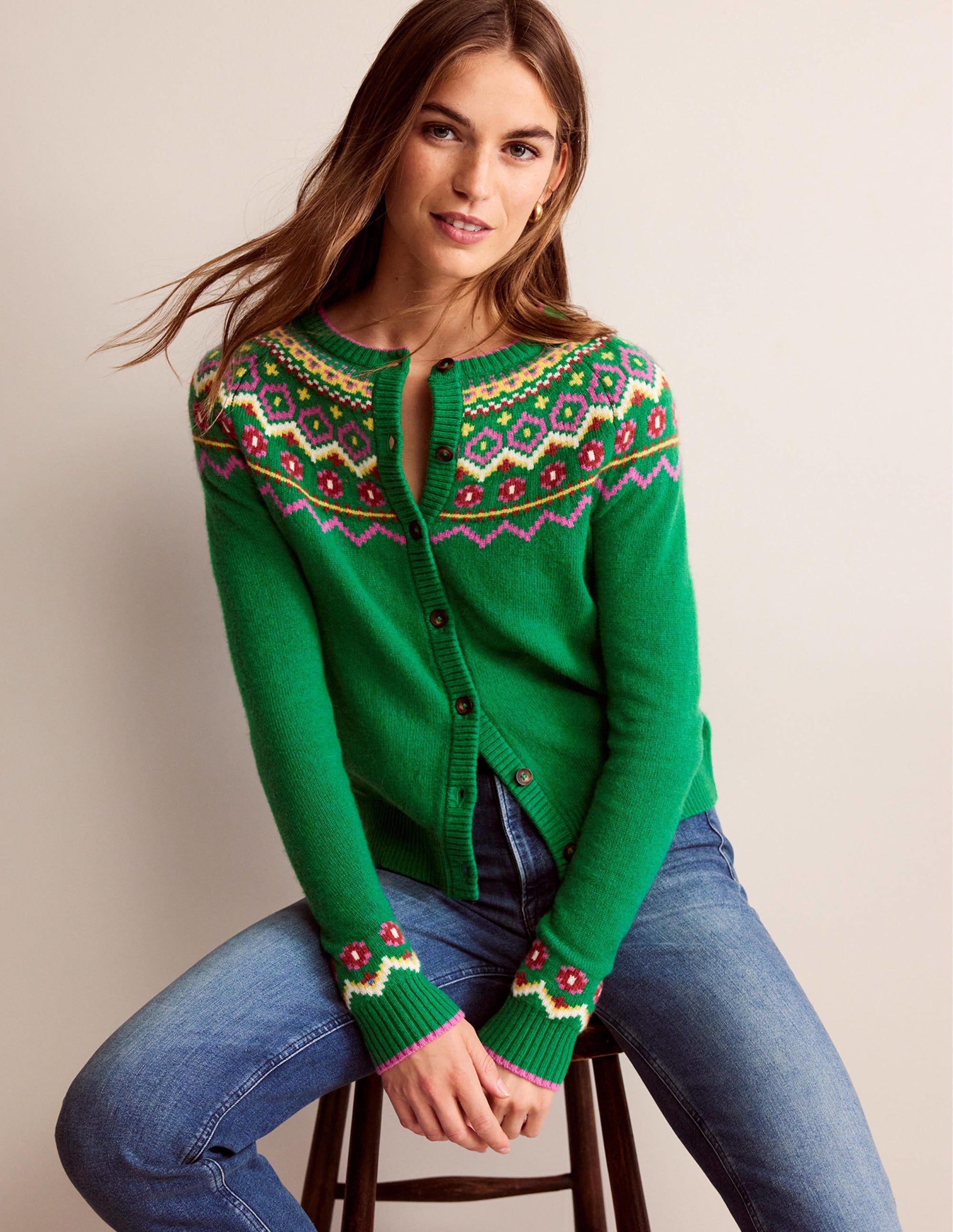 Edie Fair-Isle-Strickjacke-Grün Fair-Isle - Image 1