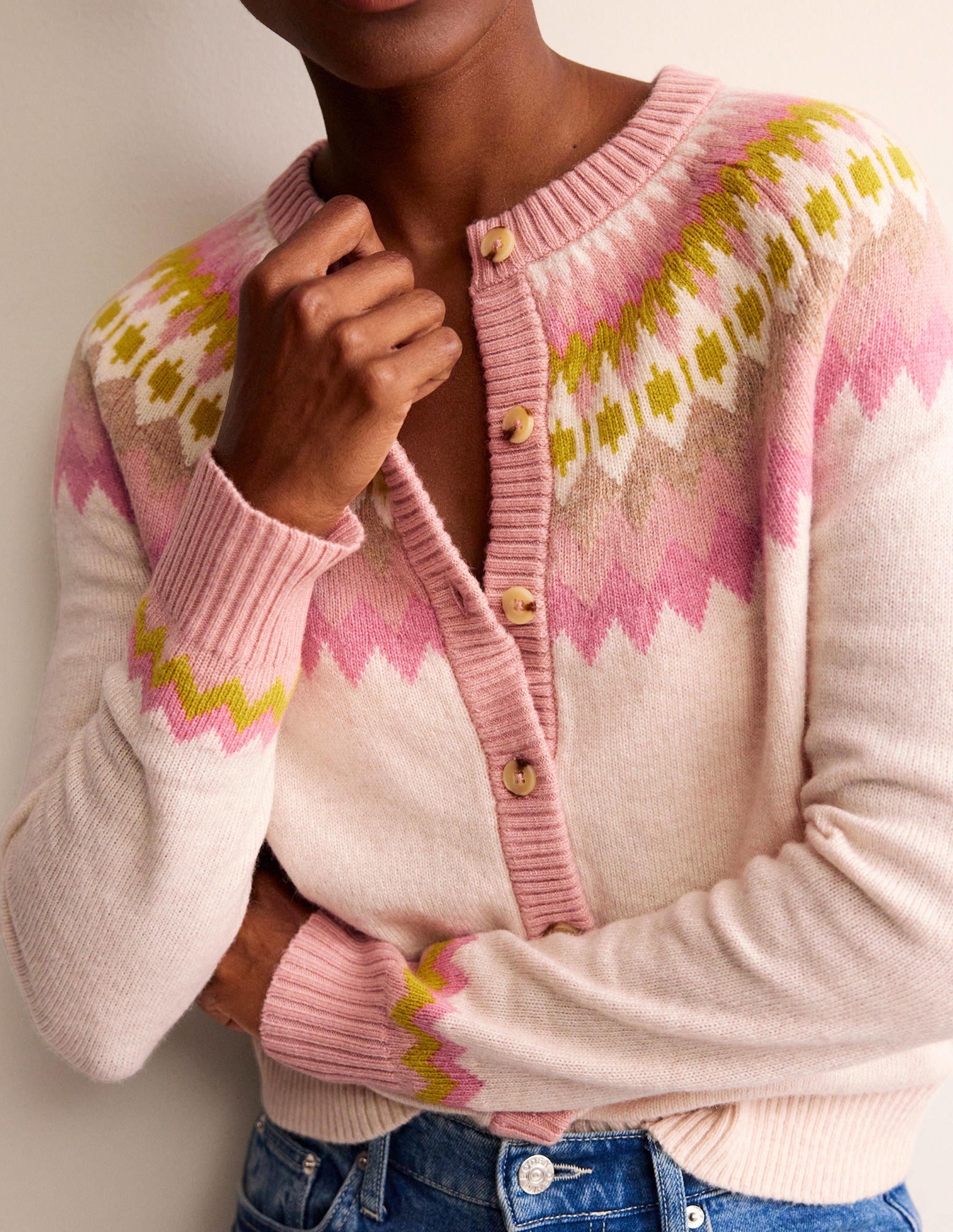 Edie Fair-Isle-Strickjacke-Haferbeige Meliert Fair-Isle - Image 2