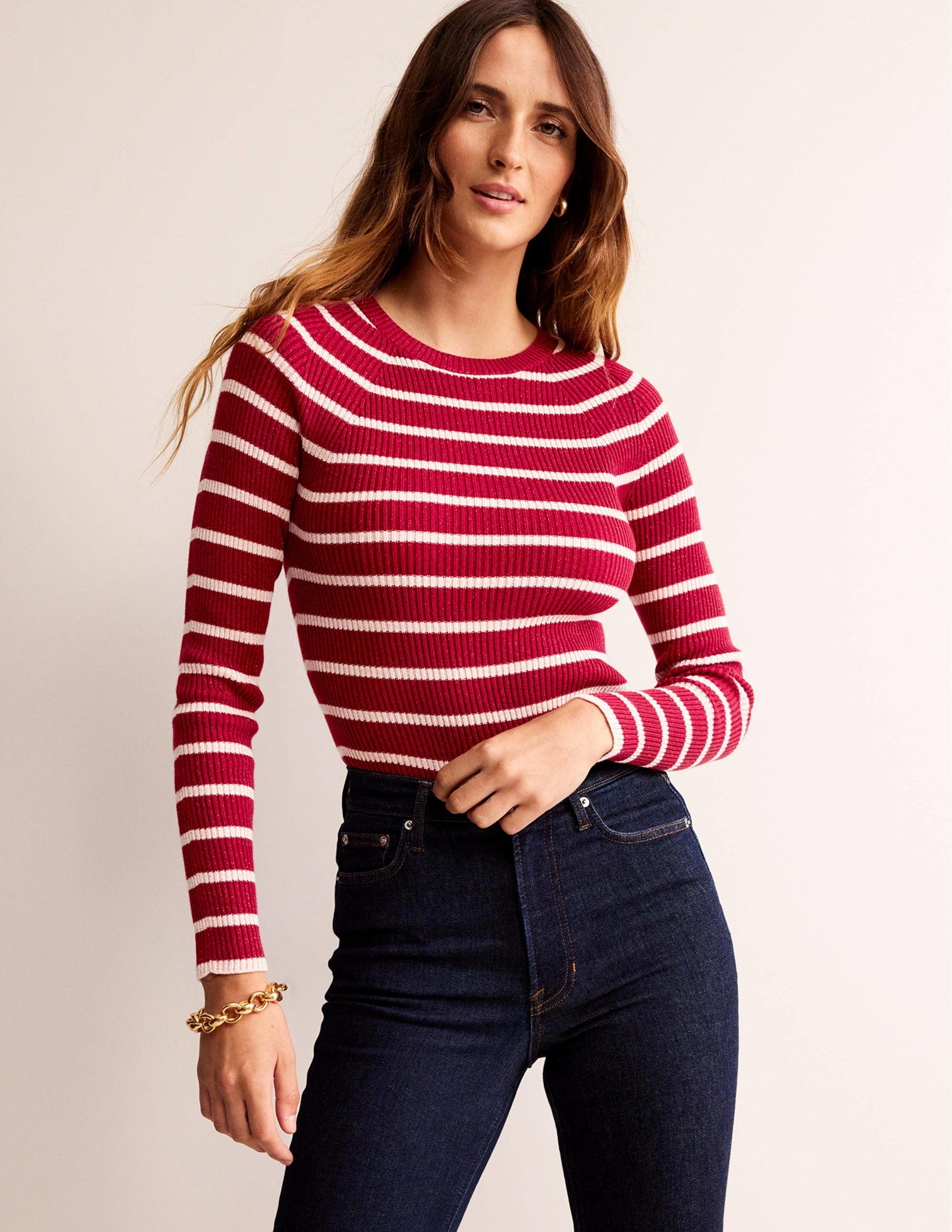 Pull Effie à rayures scintillantes-Rayure rouge, rose craie-1